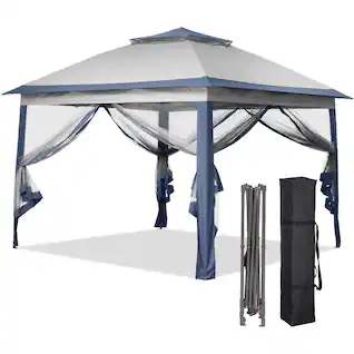 Ainfox - 11x11FT Pop Up Canopy Tent with Mesh Netting,Portable Carry Bag,Stakes & Ropes,Outdoor Gazebo - Blue
