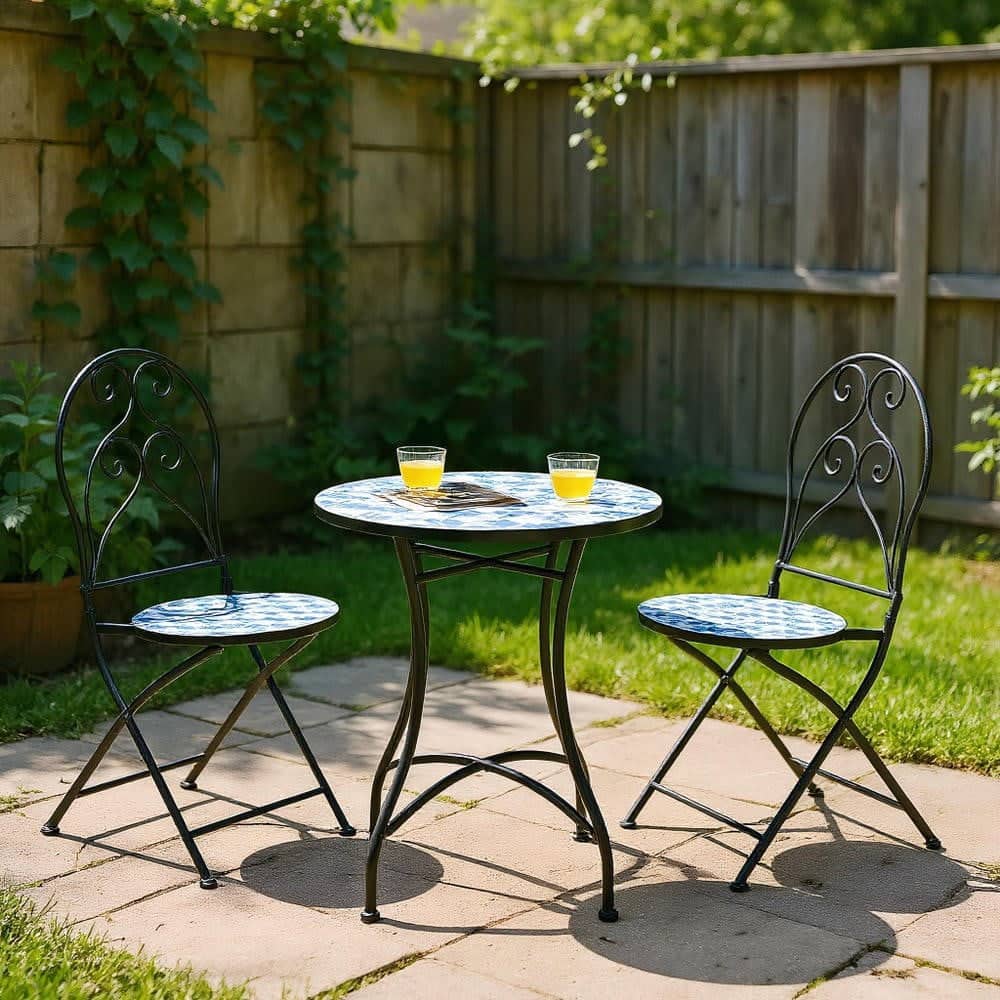 Kadyn - 2 Pieces Patio Folding Mosaic Bistro Chairs with Floral Pattern, Outdoor Dining Chair for Outside Patio - Blue