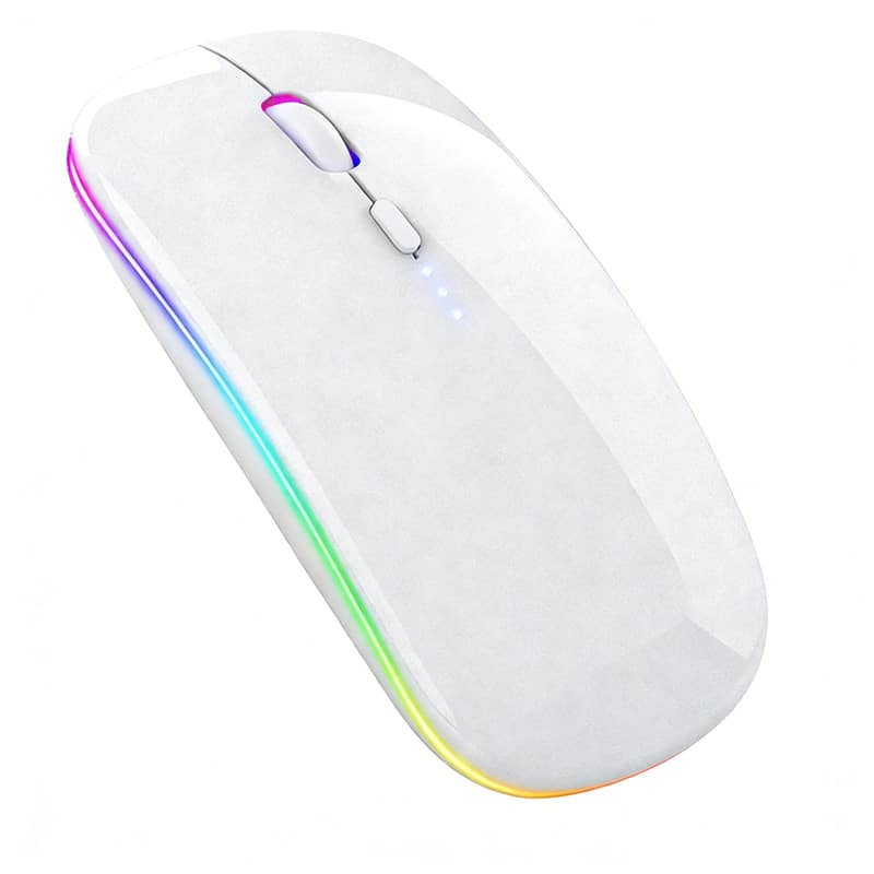 SKRAN - RGB Backlit Slim Rechargeable Silent Mouse, Bluetooth/2.4G Dual Mode, Adjustable DPI for Laptop, PC, Mac, iPad - Wireless - White