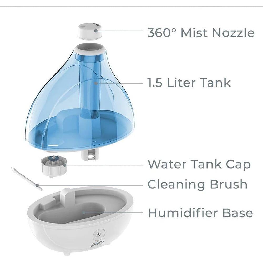 360° Mist Nozzle  
1.5 Liter Tank  
Water Tank Cap  
Cleaning Brush  
Humidifier Base