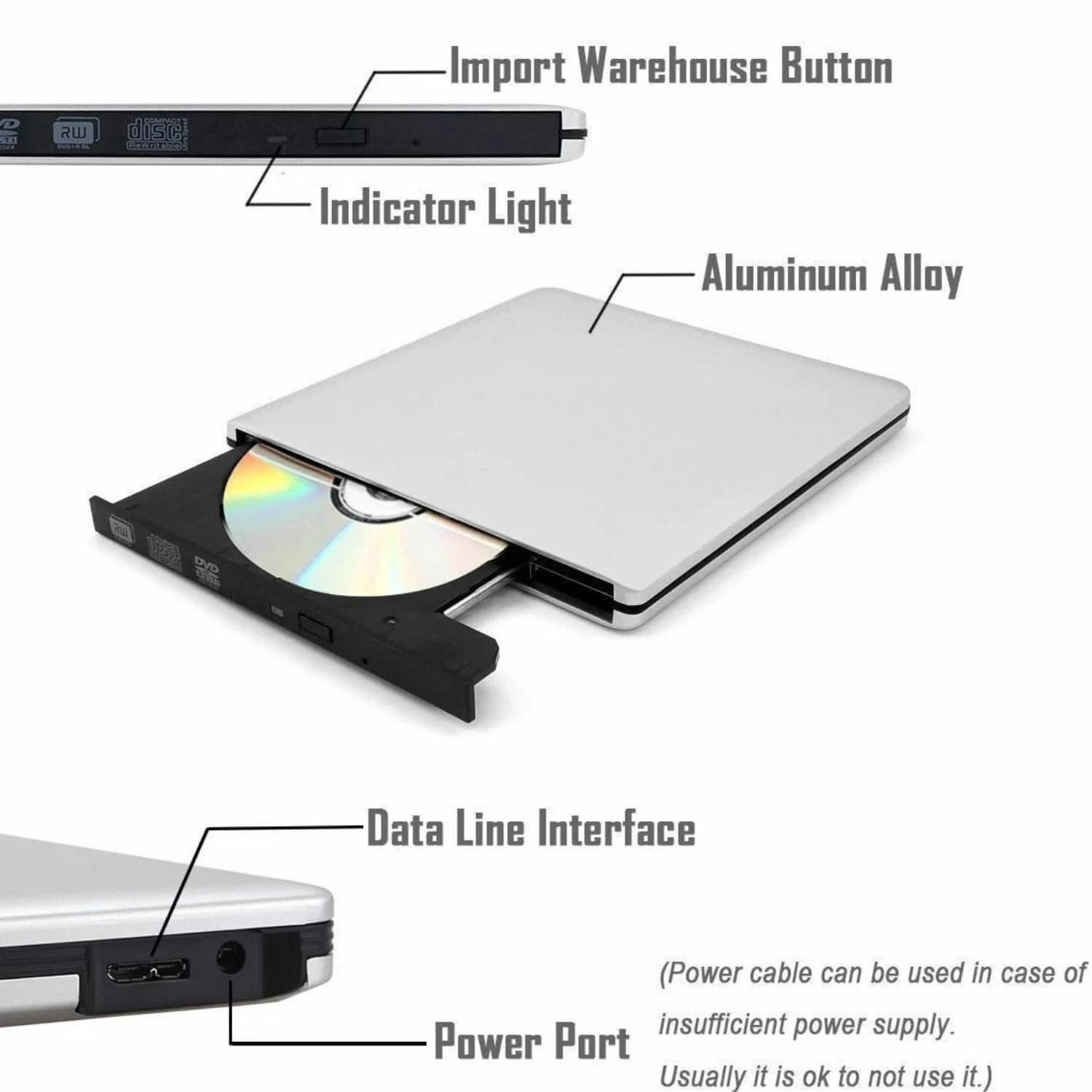 - Import Warehouse Button
- Indicator Light
- Aluminum Alloy
- Data Line Interface
- Power Port
(Power cable can be used in case of insufficient power supply. Usually it is ok to not use it.)