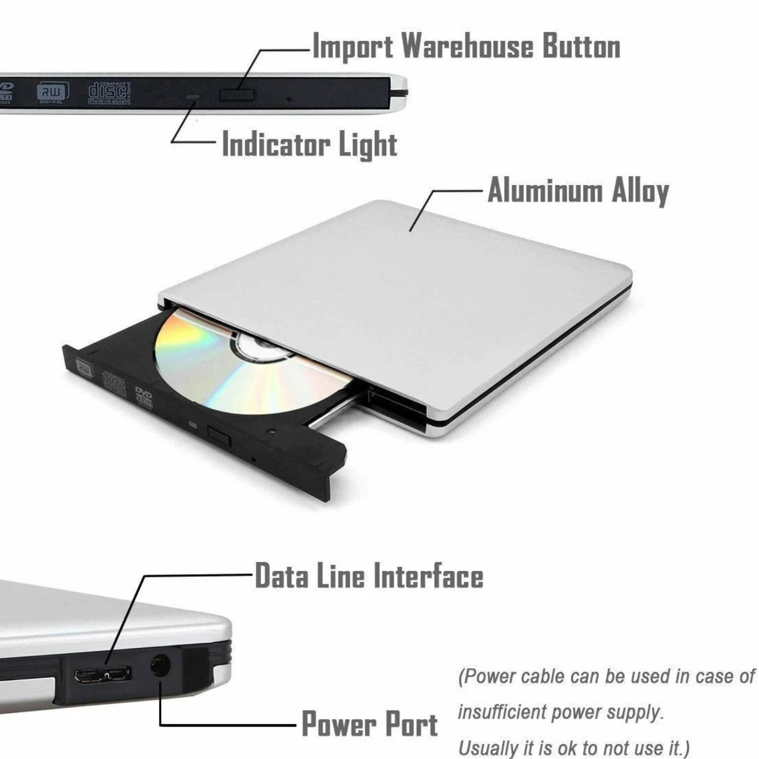- Import Warehouse Button
- Indicator Light
- Aluminum Alloy
- Data Line Interface
- Power Port

(Power cable can be used in case of insufficient power supply. Usually it is ok to not use it.)
