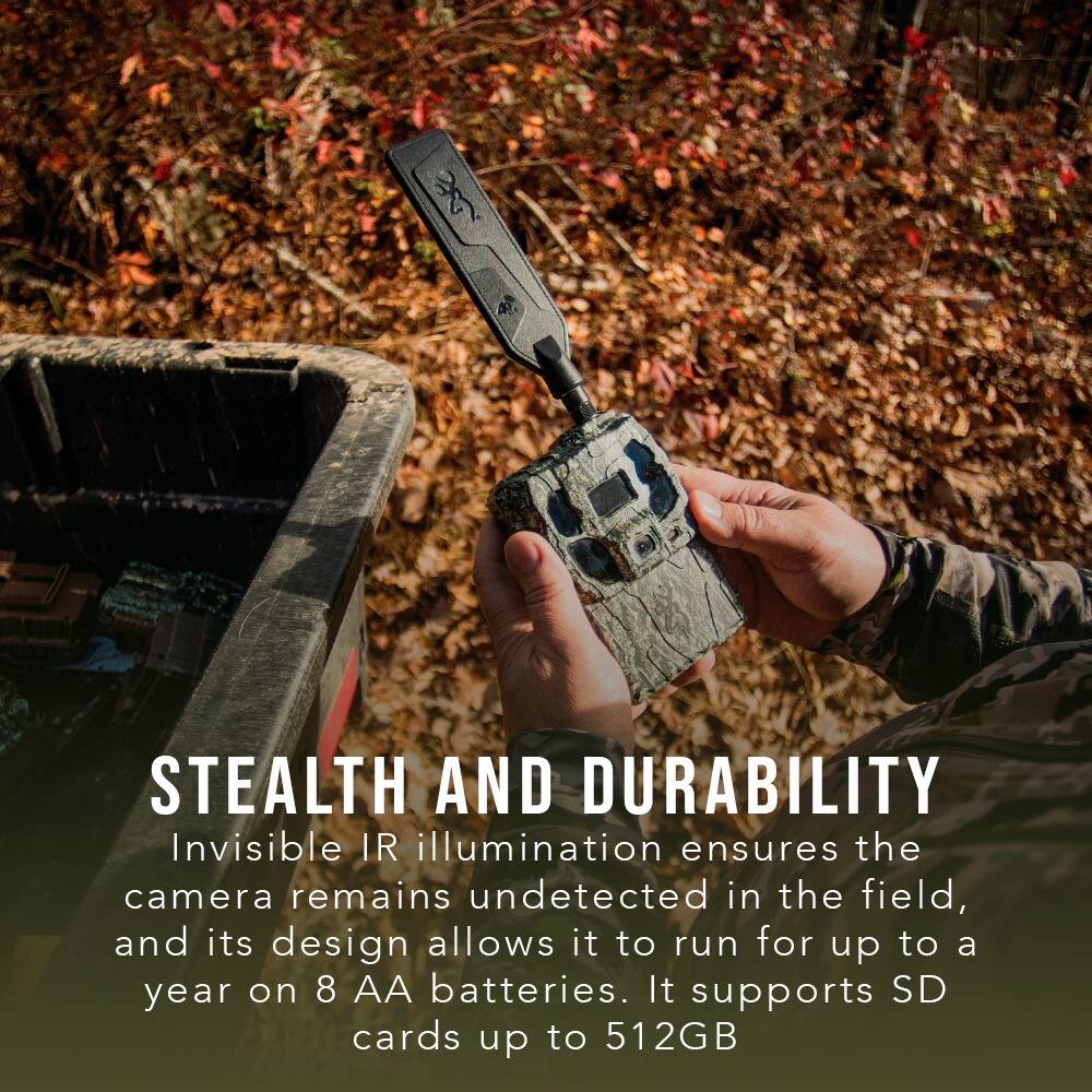 STEALTH AND DURABILITY

Invisible IR illumination ensures the camera remains undetected in the field, and its design allows it to run for up to a year on 8 AA batteries. It supports SD cards up to 512GB.