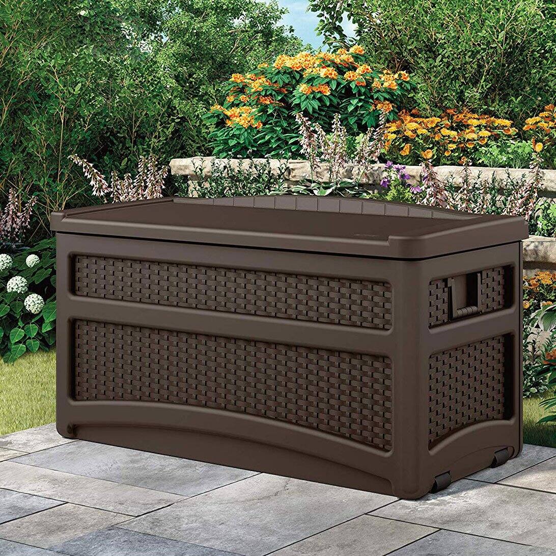 Alt View 2. Suncast - Suncast 73 Gallon Deck Box & Wicker Trash Hideaway Outdoor Garbage Bin, Java - Brown/Java.
