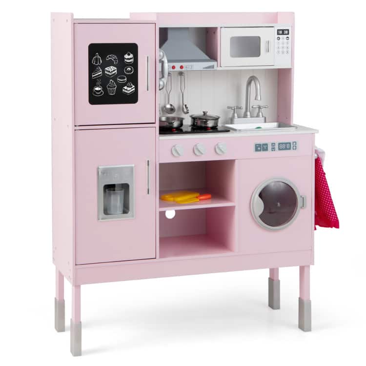 SlickBlue - Kids Pretend Play Kitchen Set with 16-Piece Accessories for Fun Role Play - Pink