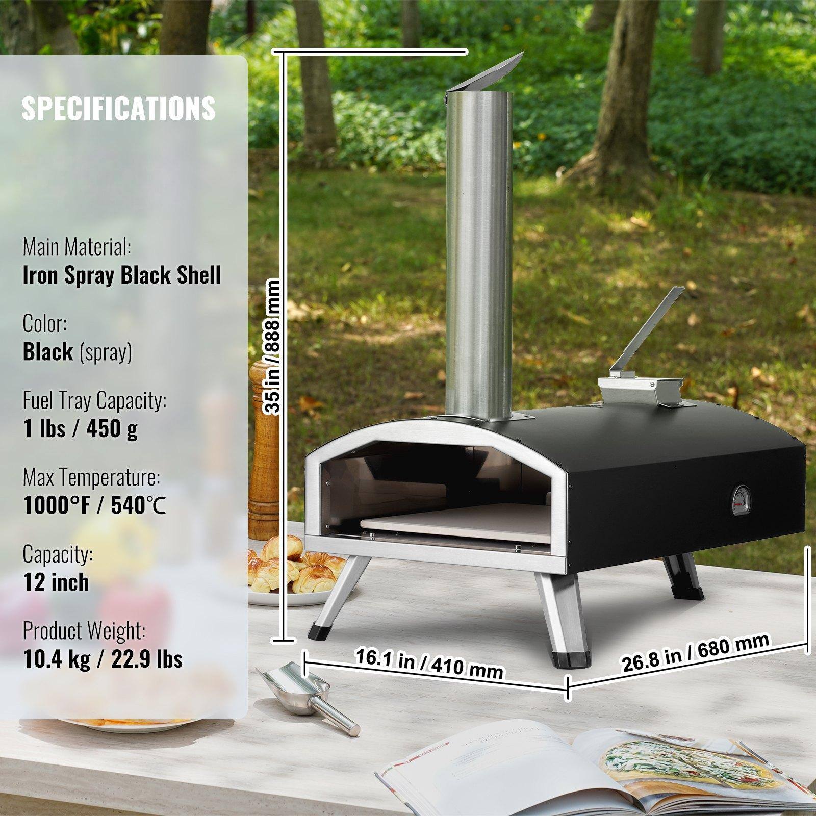 **SPECIFICATIONS**

- **Main Material:** Iron Spray Black Shell
- **Color:** Black (spray)
- **Fuel Tray Capacity:** 1 lbs / 450 g
- **Max Temperature:** 1000°F / 540°C
- **Capacity:** 12 inch
- **Product Weight:** 10.4 kg / 22.9 lbs

**Dimensions:**
- **Height:** 35.5 in / 888 mm
- **Width:** 16.1 in / 410 mm
- **Depth:** 26.8 in / 680 mm
