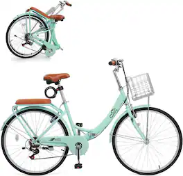 Winado - 26 Inch Foldable Bike Folding Bicycle, 7 Speed Beach Cruiser Bike with Lock, Comfort Back Seat, Foldable Basket - Green