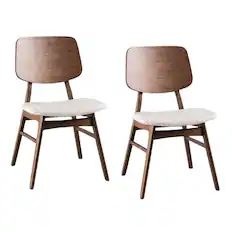 Front. Manhattan Lane - Narv Side Dining Chair Set of 2, Curved Panel Back, Walnut Brown Wood, Beige - Walnut Brown, Beige.