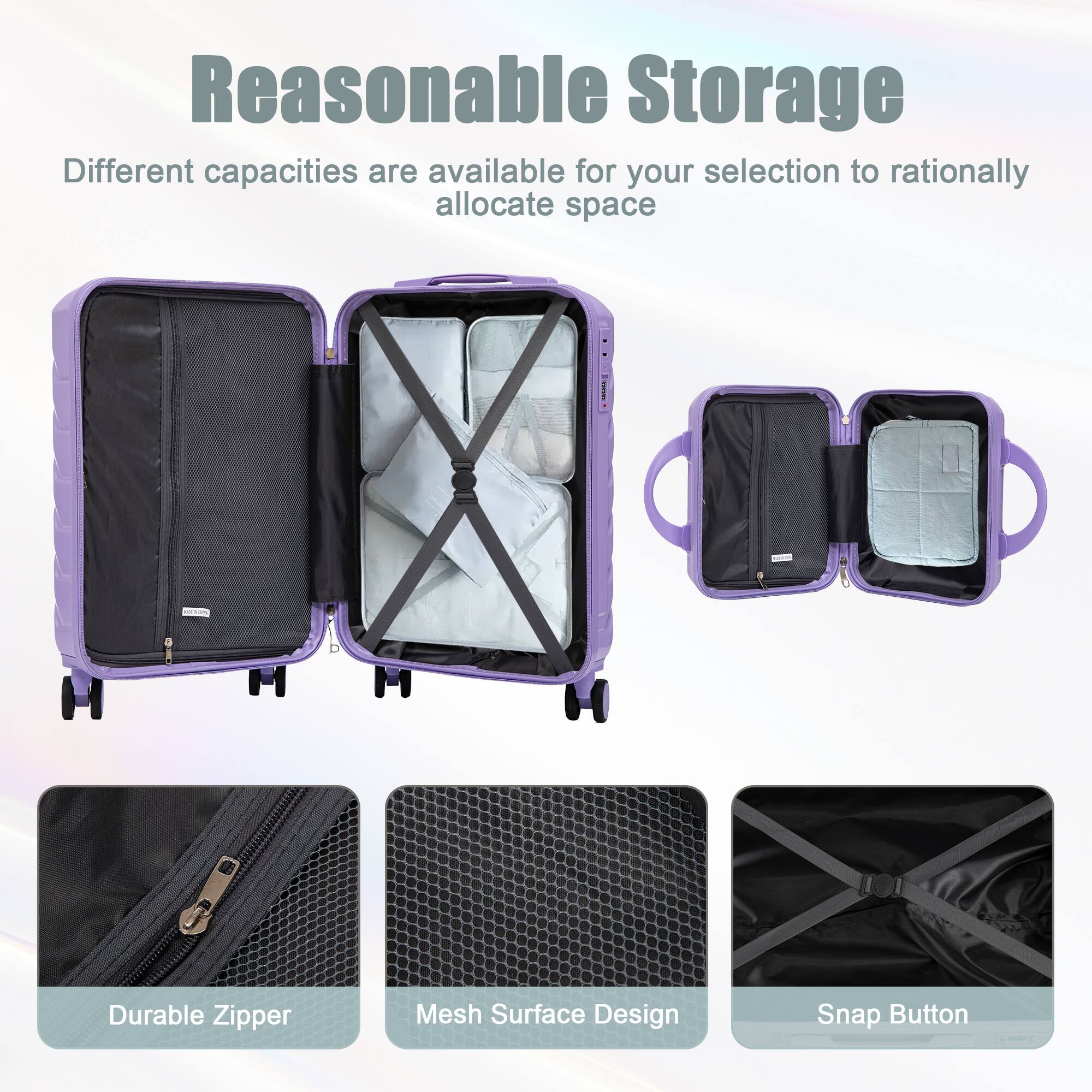 Reasonable Storage

Different capacities are available for your selection to rationally allocate space

- Durable Zipper
- Mesh Surface Design
- Snap Button