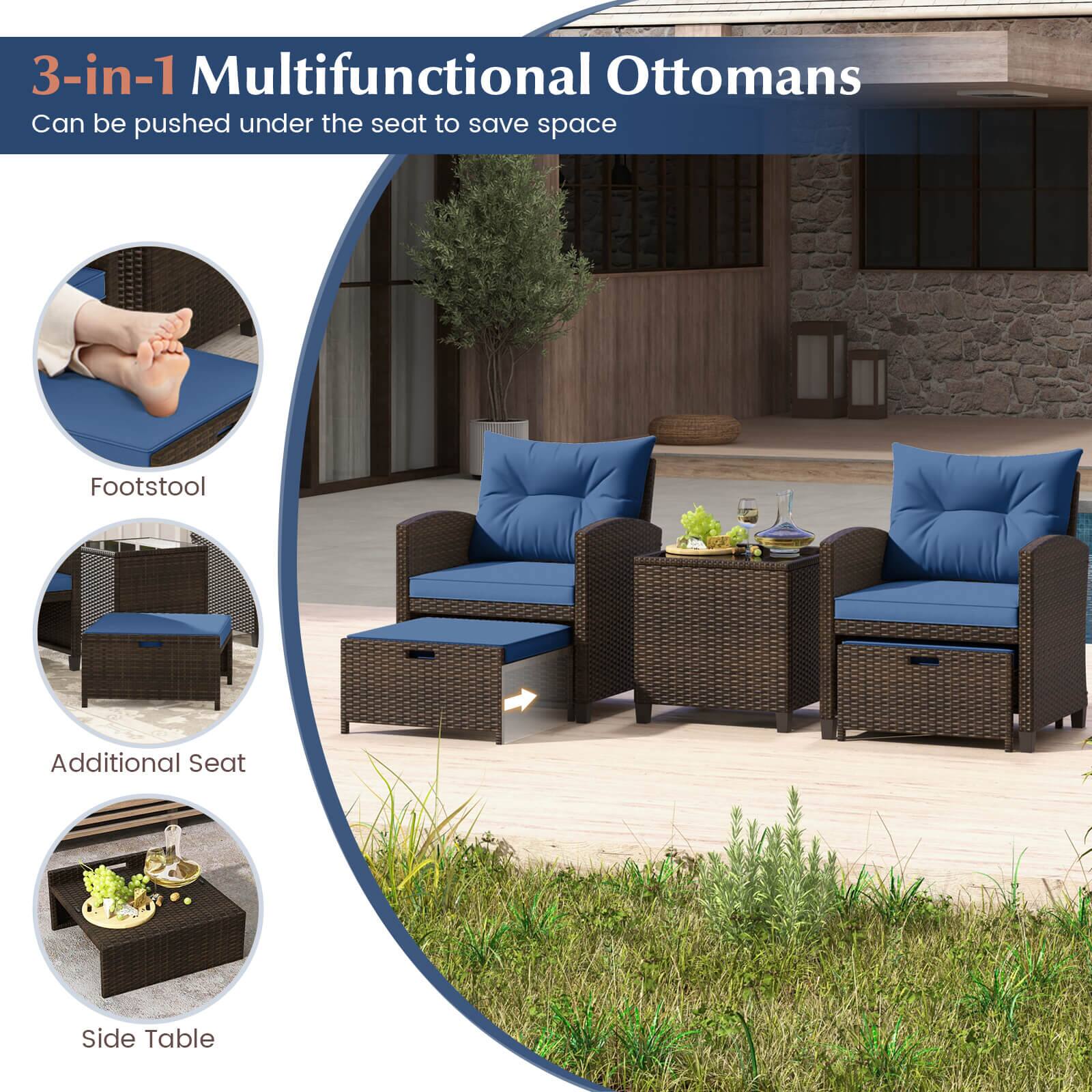 3-in-1 Multifunctional Ottomans  
Can be pushed under the seat to save space  

Footstool  
Additional Seat  
Side Table