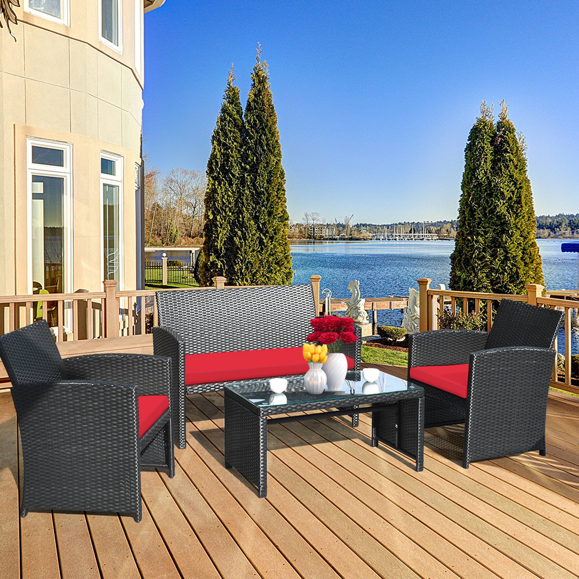 Alt View 3. Gymax - Gymax 4PCS Rattan Outdoor Conversation Set Patio Furniture Set w/ Red Cushions - Red.