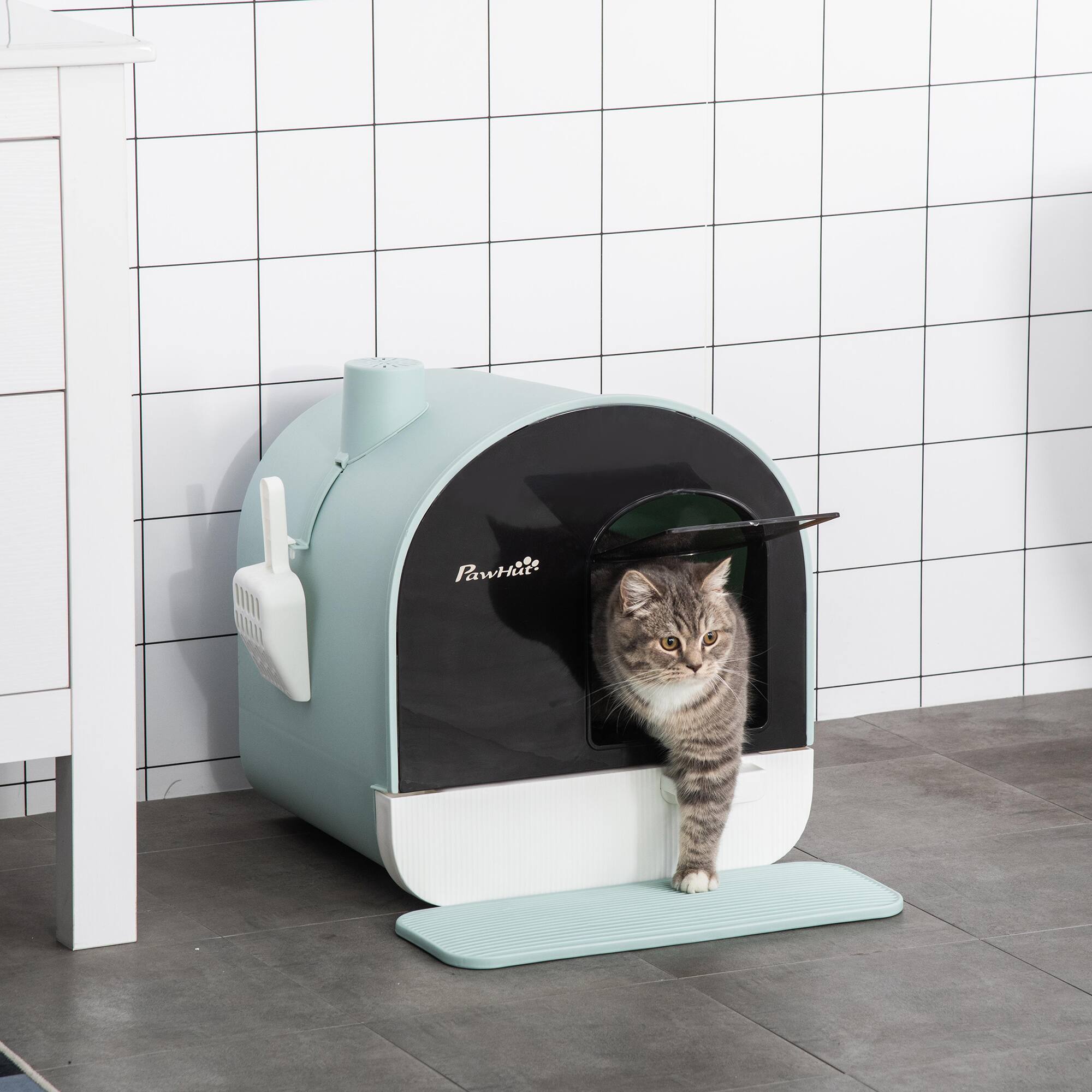 Left. Dexmalle - Dexmalle-Cat Litter Box with Lid,Tray, Scoop and Filter-Green - Green.