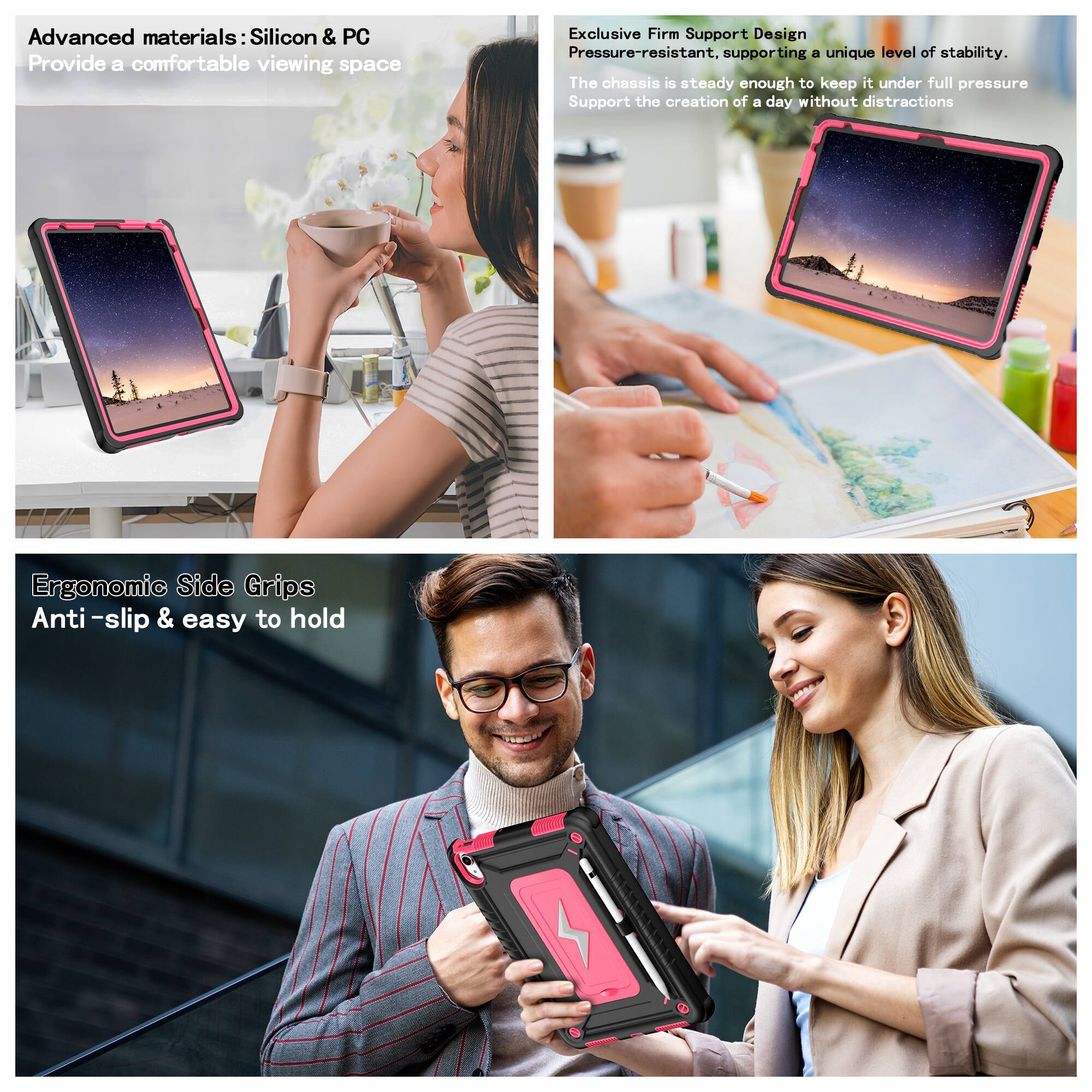 Advanced materials: Silicon & PC  
Provide a comfortable viewing space  

Exclusive Firm Support Design  
Pressure-resistant, supporting a unique level of stability.  
The chassis is steady enough to keep it under full pressure  
Support the creation of a day without distractions  

Ergonomic Side Grips  
Anti-slip & easy to hold