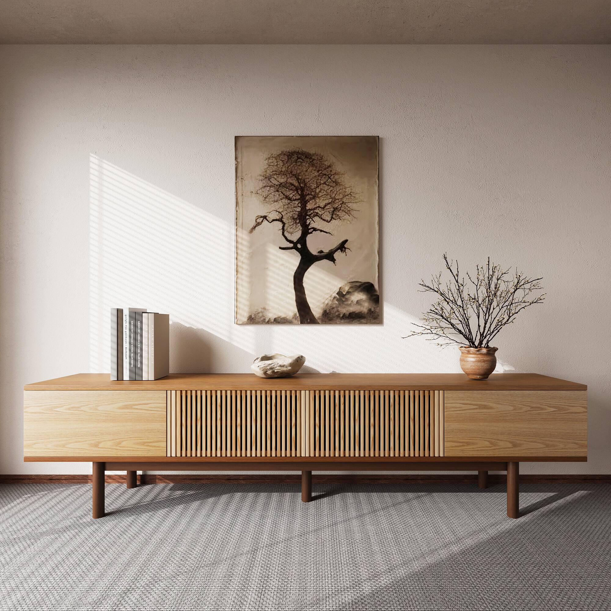 Angle. luck idea - 86.6" Solid Wood TV Stand and Media Console with Ample Storage Space for Living Room - Natural Color.