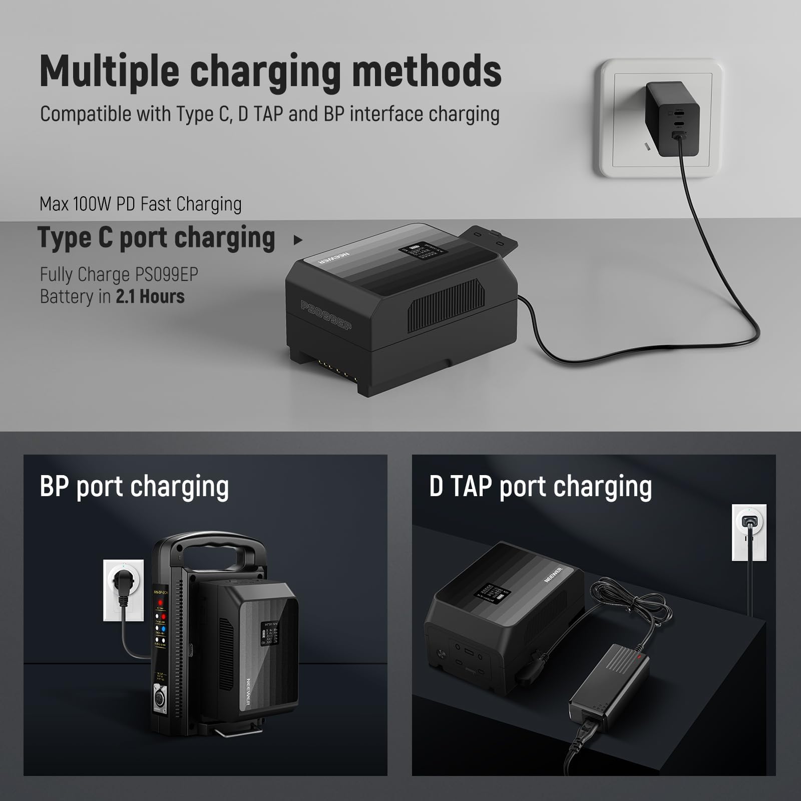 Multiple charging methods  
Compatible with Type C, D TAP and BP interface charging  

Max 100W PD Fast Charging  

Type C port charging  
Fully Charge PS099EP Battery in 2.1 Hours  

BP port charging  

D TAP port charging