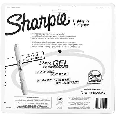 Sure, here is the corrected and grouped text from the image:

---

**Sharpie Highlighter / Surligneur**

- Resists smearing of many pen and marker inks
- Fast gliding chisel tip delivers a smooth, quick, odorless application
- AP Certified Nontoxic ink formula
- Resists smearing of many pen and marker inks and provides a smooth, quick, odorless application
- Formule d'encre à séchage rapide, inodore et certifiée A2 non toxique

**Also try! / Essayez aussi!**

**Sharpie GEL Highlighter / Surligneur**

- WON'T BLEED
- WON'T DRY OUT
- L'ENCRE NE TRAVERSE PAS
- NE SE DÉSÉCHE PAS

**Advanced AP Uncap what's inside / Avancé AP Découvrez ce qui se trouve à l'intérieur**

Sharpie.com

1290414 71641 25145

---

This text is grouped and corrected for clarity and readability.