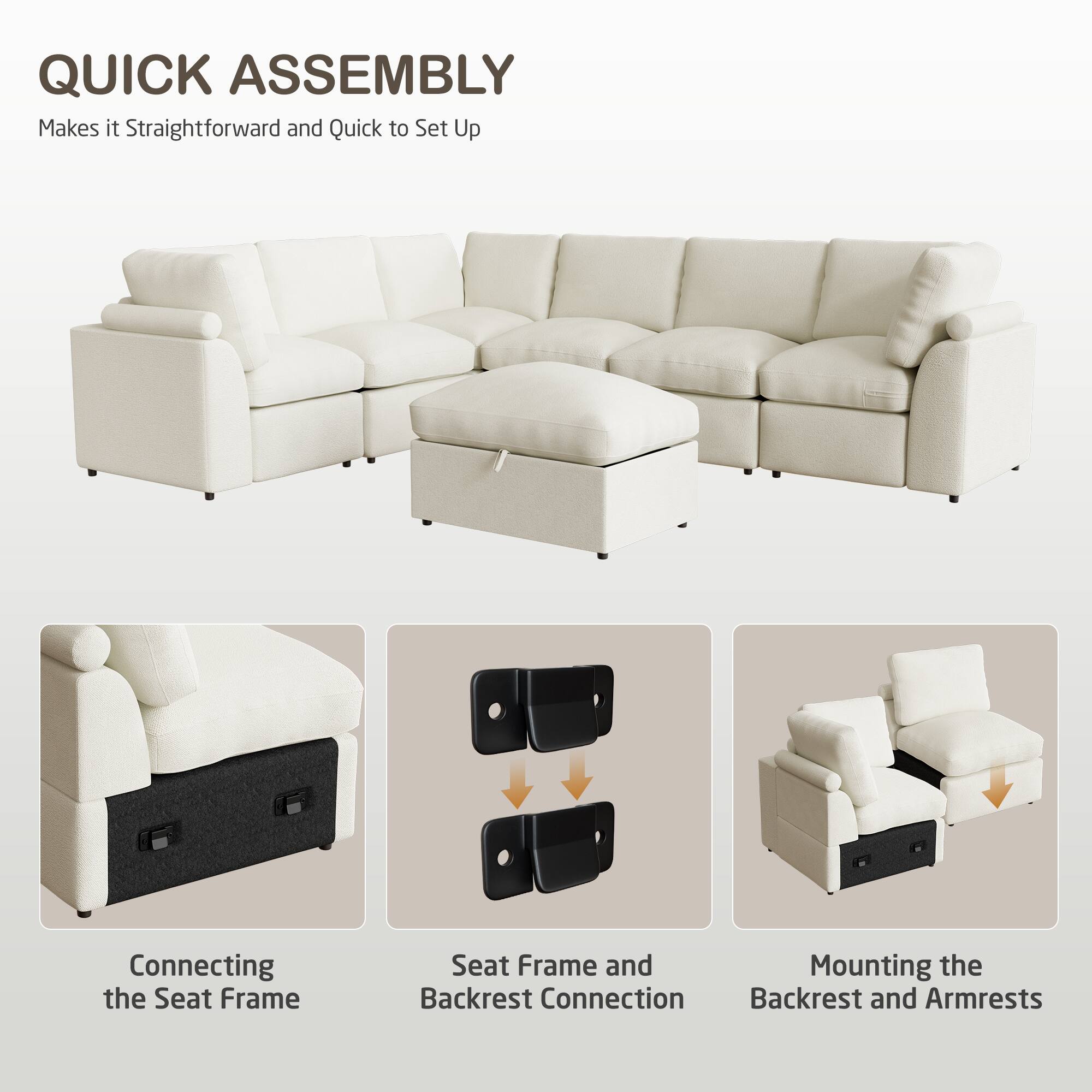 QUICK ASSEMBLY  
Makes it Straightforward and Quick to Set Up  

Connecting the Seat Frame  
Seat Frame and Backrest Connection  
Mounting the Backrest and Armrests