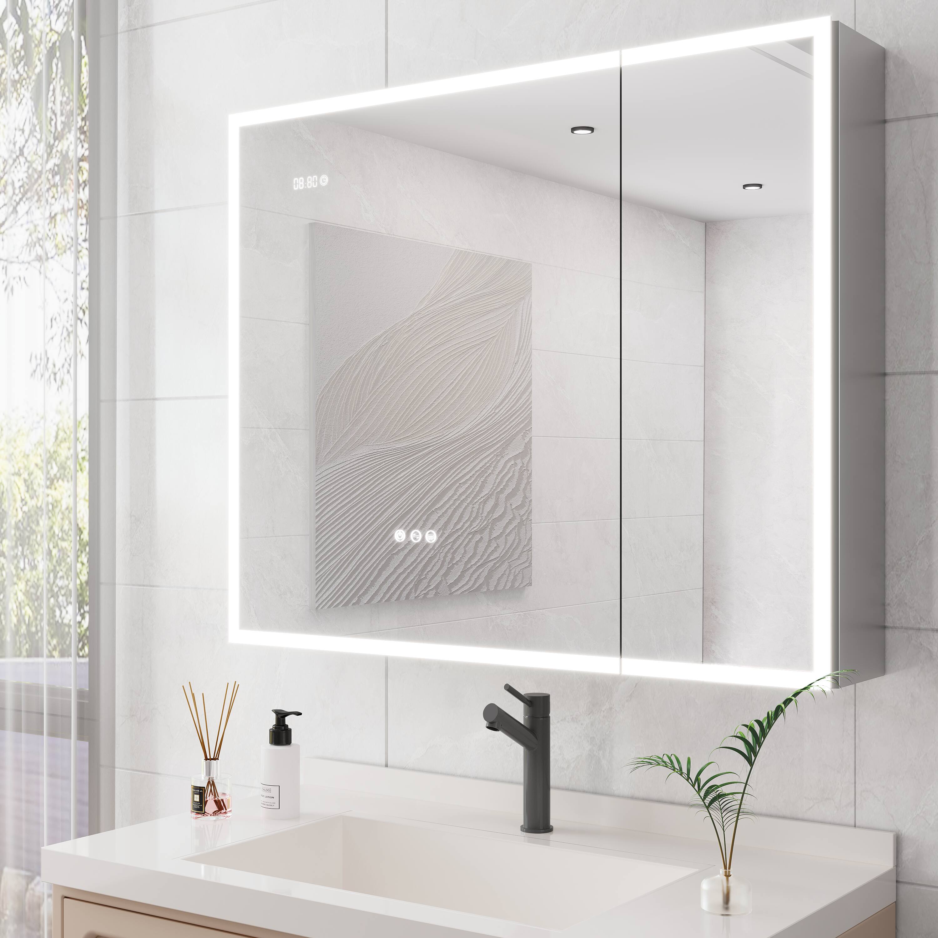Alt View 8. Boyel Living - Bathroom Medicine Cabinet with LED Mirror Lights 36x30 Inch Double Door with Defogger USB Clock - Silver.