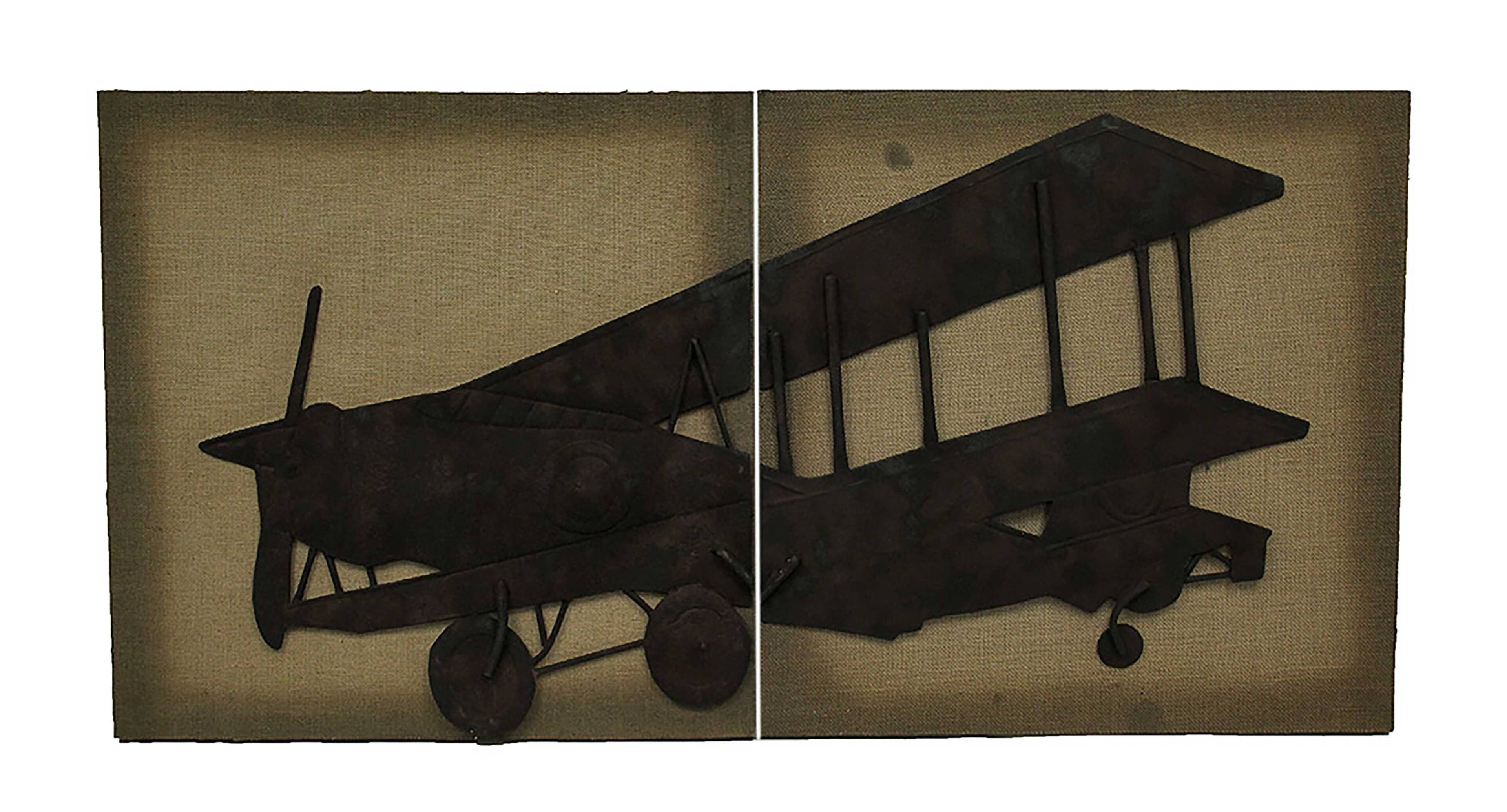 Alt View 1. Zeckos - 2 Piece Metal Vintage Airplane On Fabric Wall Hanging Set - Brown.