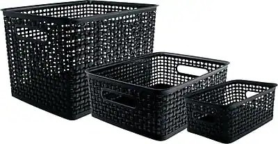 Front. Advantus - Advantus Plastic Weave Bins in 3 Sizes, Black, 3/Pack (AVT40329) - Black.