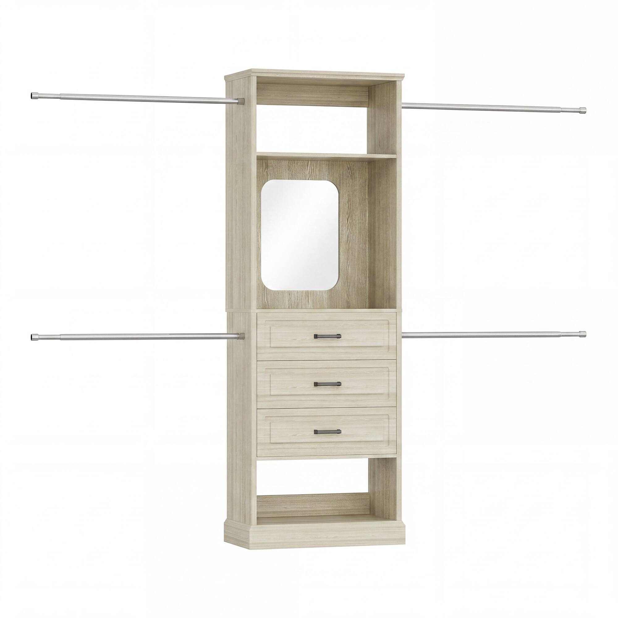 Angle. Aheaplus - 26'' - 110'' W Adjustable Closet Organizer System with 3 Drawers, 4 Retractable Hanging Rods and Mirror - Beige Oak.