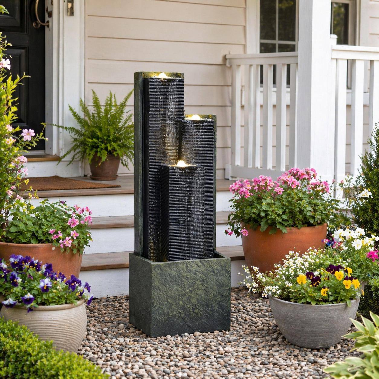 Back. RYHNUYNE - Outdoor Water Fountain 39 Inch H Modern Cascading Freestanding Fountain with LED Lights for Garden Patio Porch.