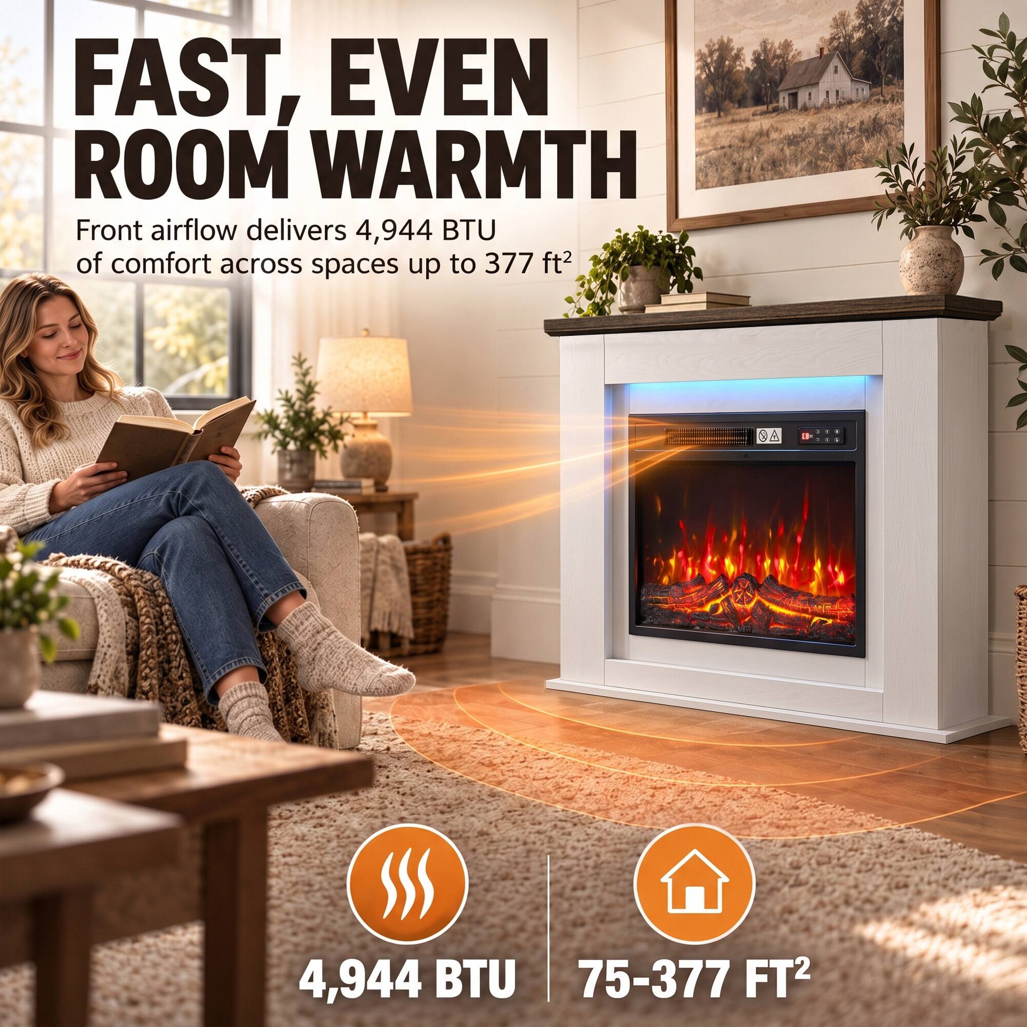 FAST, EVEN ROOM WARMTH  
Front airflow delivers 4,944 BTU of comfort across spaces up to 377 ft²  
4,944 BTU  
75-377 FT²
