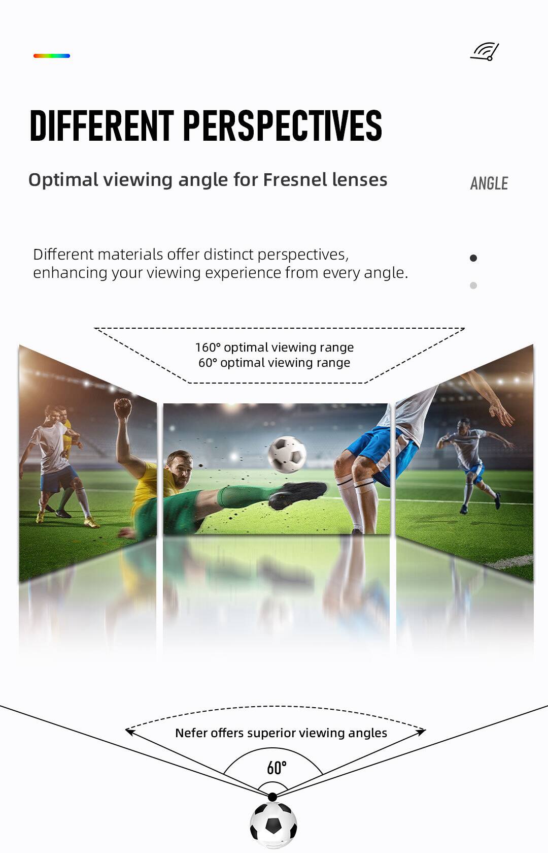 DIFFERENT PERSPECTIVES  
Optimal viewing angle for Fresnel lenses  

Different materials offer distinct perspectives, enhancing your viewing experience from every angle.  

160° optimal viewing range  
60° optimal viewing range  

Nefert offers superior viewing angles  
60°