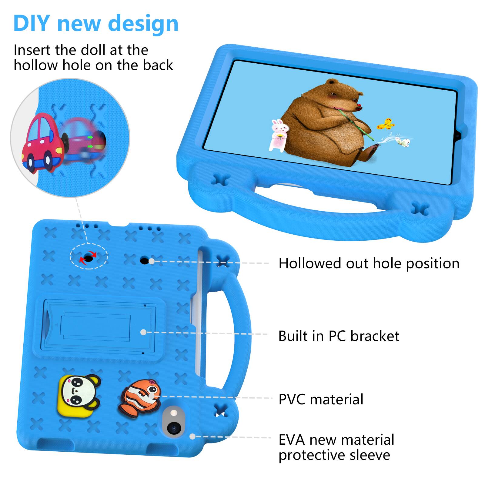 DIY new design  
Insert the doll at the hollow hole on the back  

Hollowed out hole position  
Built in PC bracket  
PVC material  
EVA new material protective sleeve