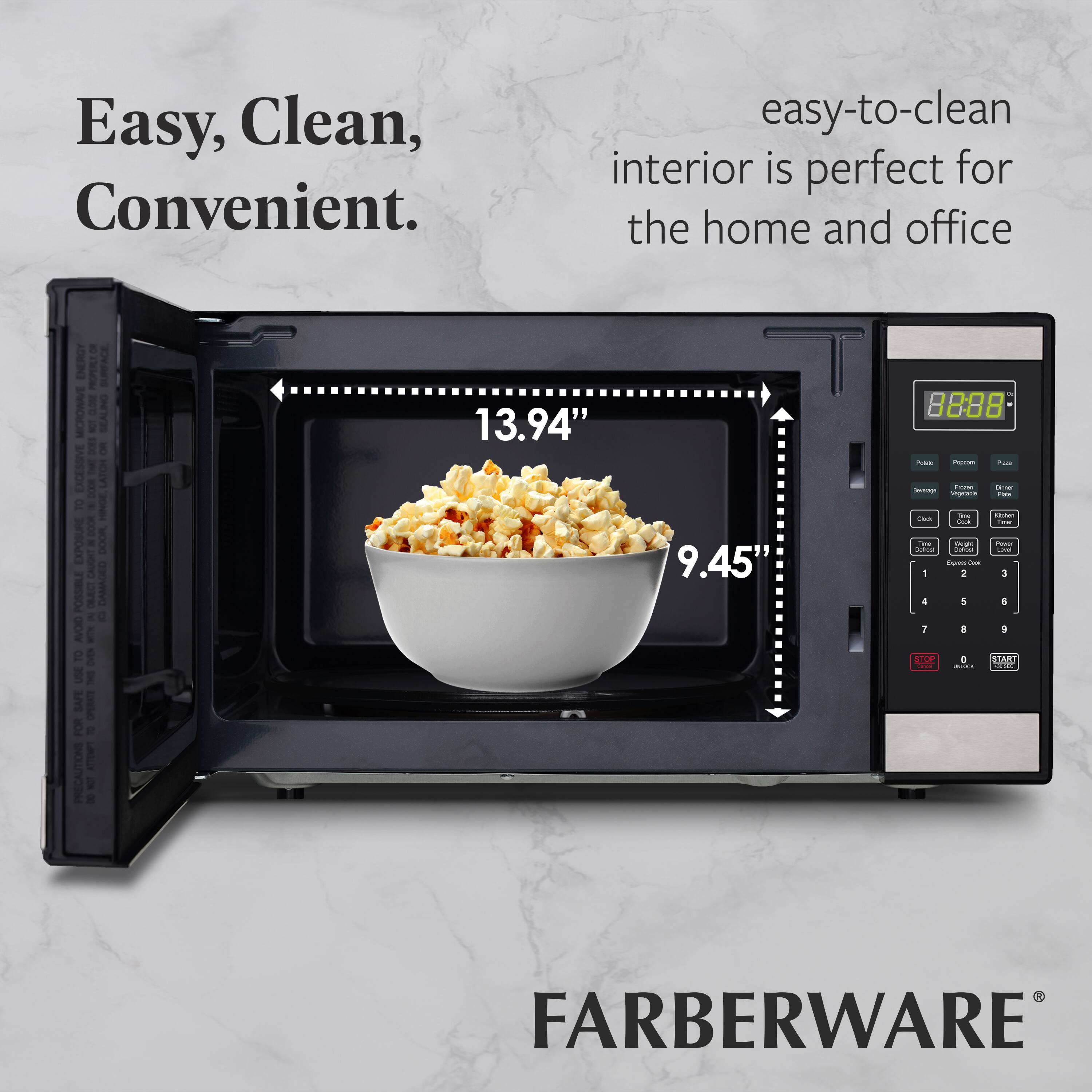 Easy, Clean, Convenient.  
Easy-to-clean interior is perfect for the home and office.  

ENERGY PROPURE OR SURFACE MICROWAVE!  
SEALING  
5 DICESSIVE  
1 LATOH B R HINGE DOO EXPOSURE SOOO CAUGHT POSSBLI CECT DAMAGEO  
AVOID TO USE  
PRECAUTIONS  

13.94" x 9.45"  

FARBERWARE