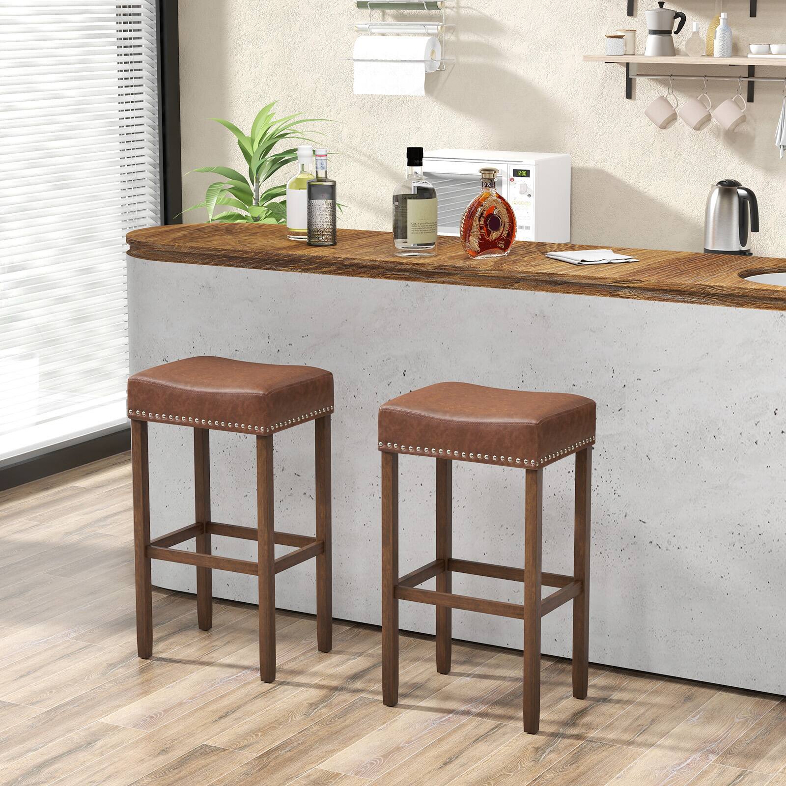 Alt View 1. Costway - 29.5" Wood Frame PU Leather Upholstered Bar Stools Set of 2 with Footrests - Brown.