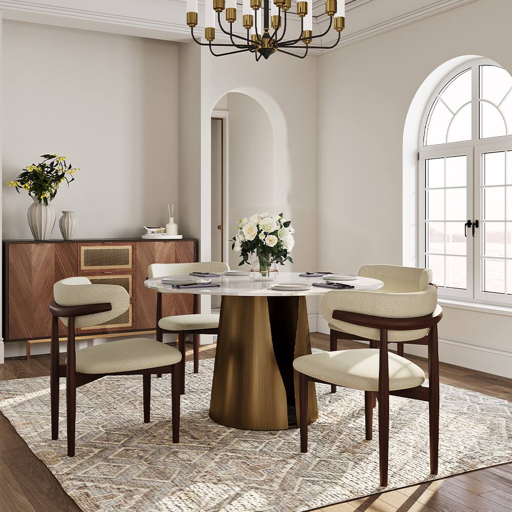 Left. POVISON - 59" Modern Glossy White Sintered Stone Round Dining Table for 6 with Bronze Steel Base - Glossy White Sintered Stone & Bronze Steel Base.