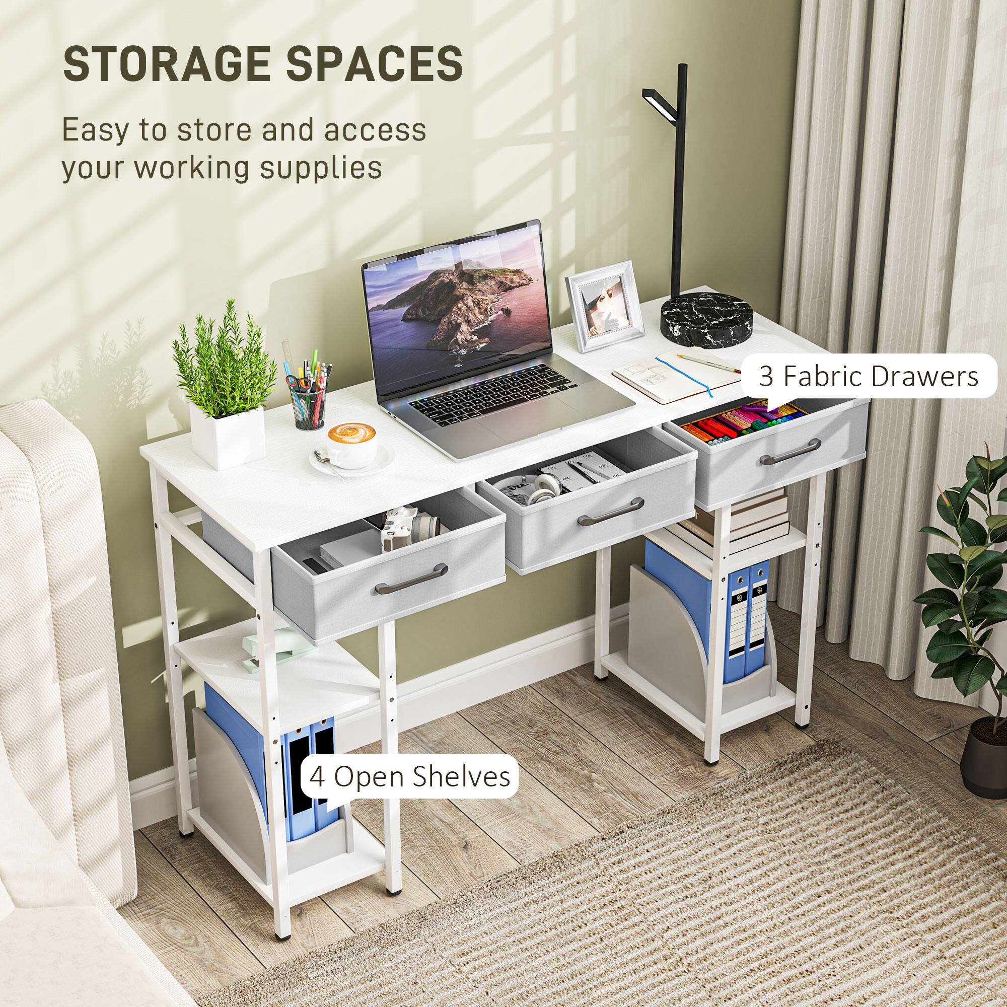 STORAGE SPACES
Easy to store and access your working supplies
3 Fabric Drawers
4 Open Shelves