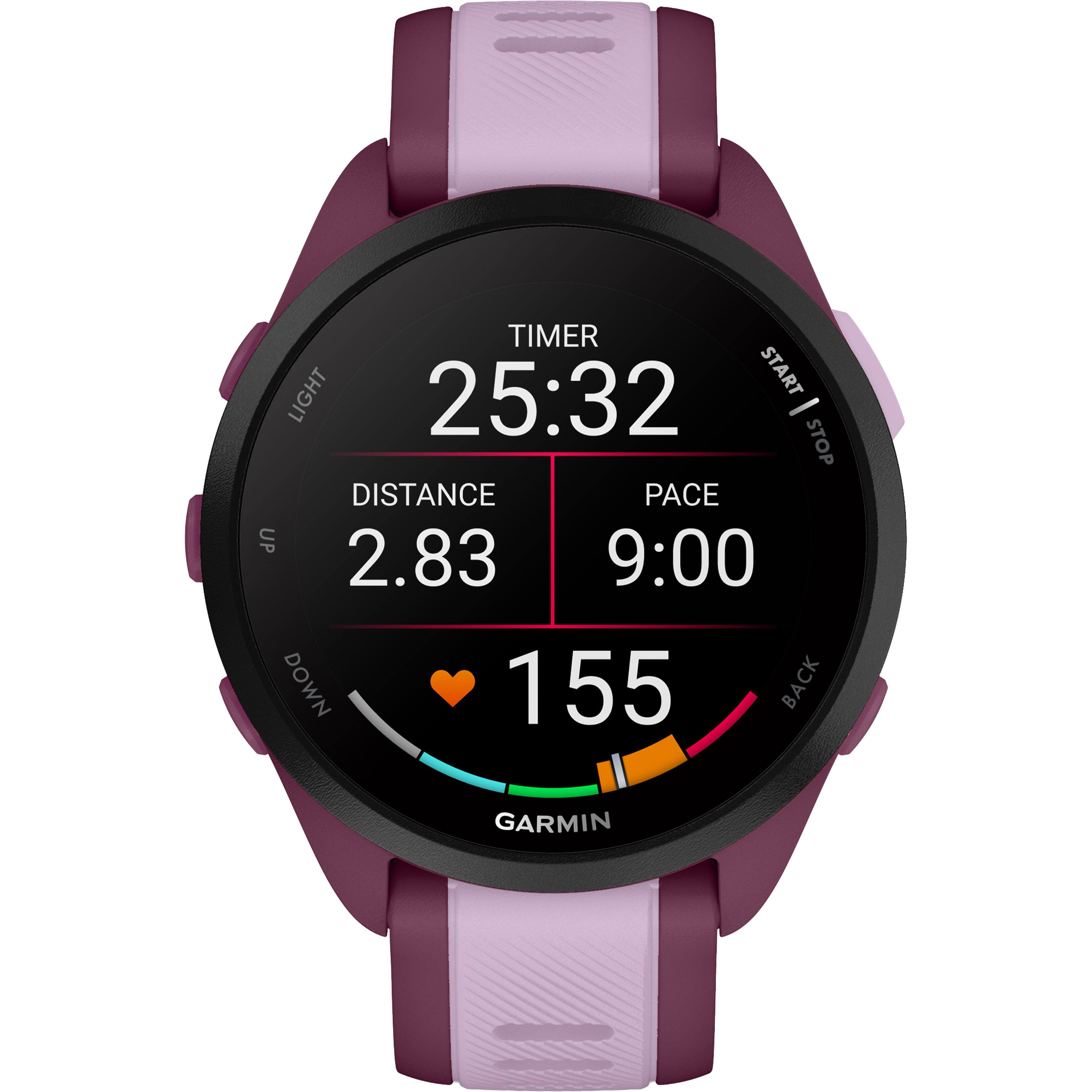 The timer on the Garmin watch is set to 25:32. The watch is displaying the distance, pace, and heart rate. The distance is 2.83, the pace is 9:00, and the heart rate is 155. The watch is purple and black in color.