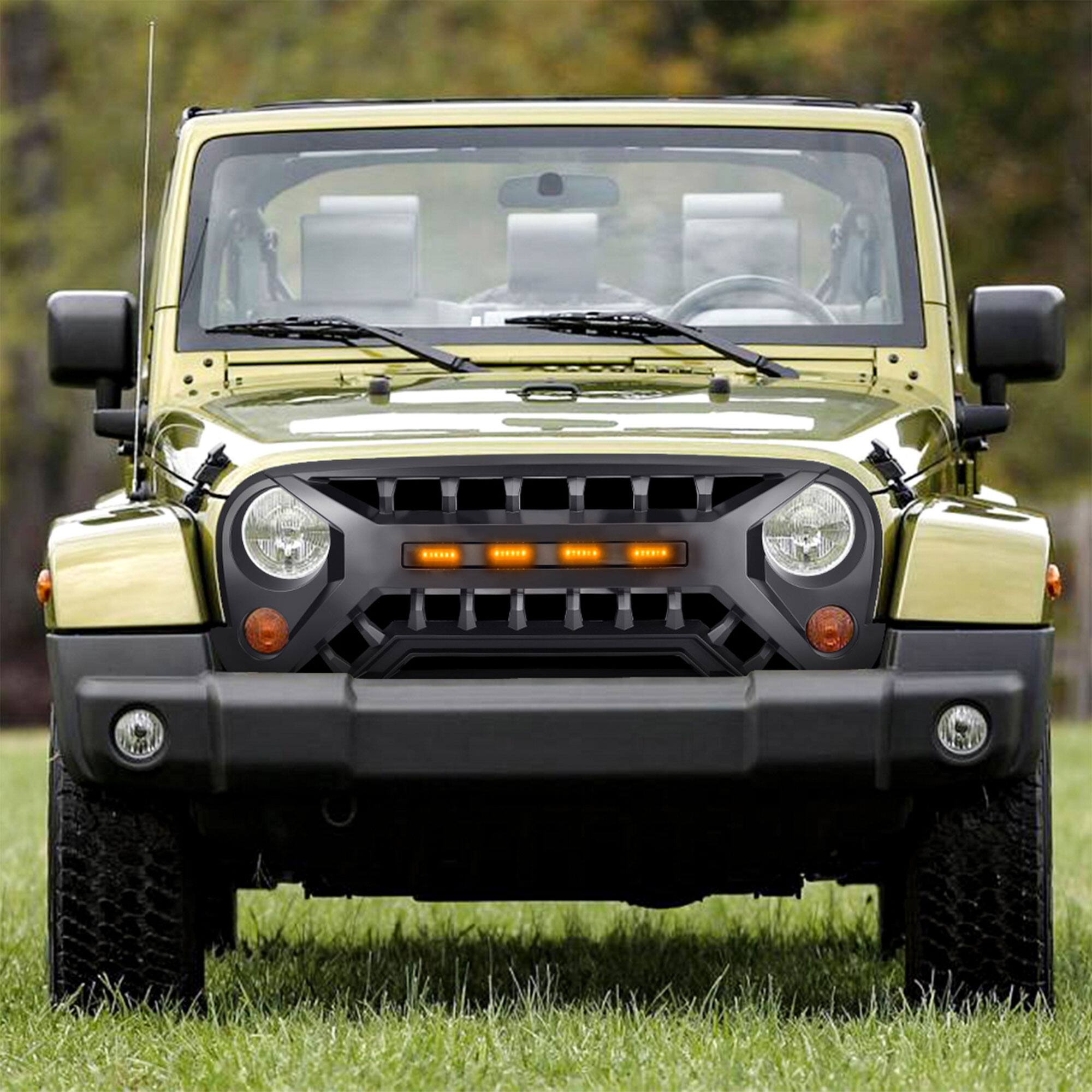 Alt View 4. AMERICAN MODIFIED - AMERICAN MODIFIED Armor Grille with Amber Lights, 07-08 Jeep Wrangler JK, Black - Matte Black.