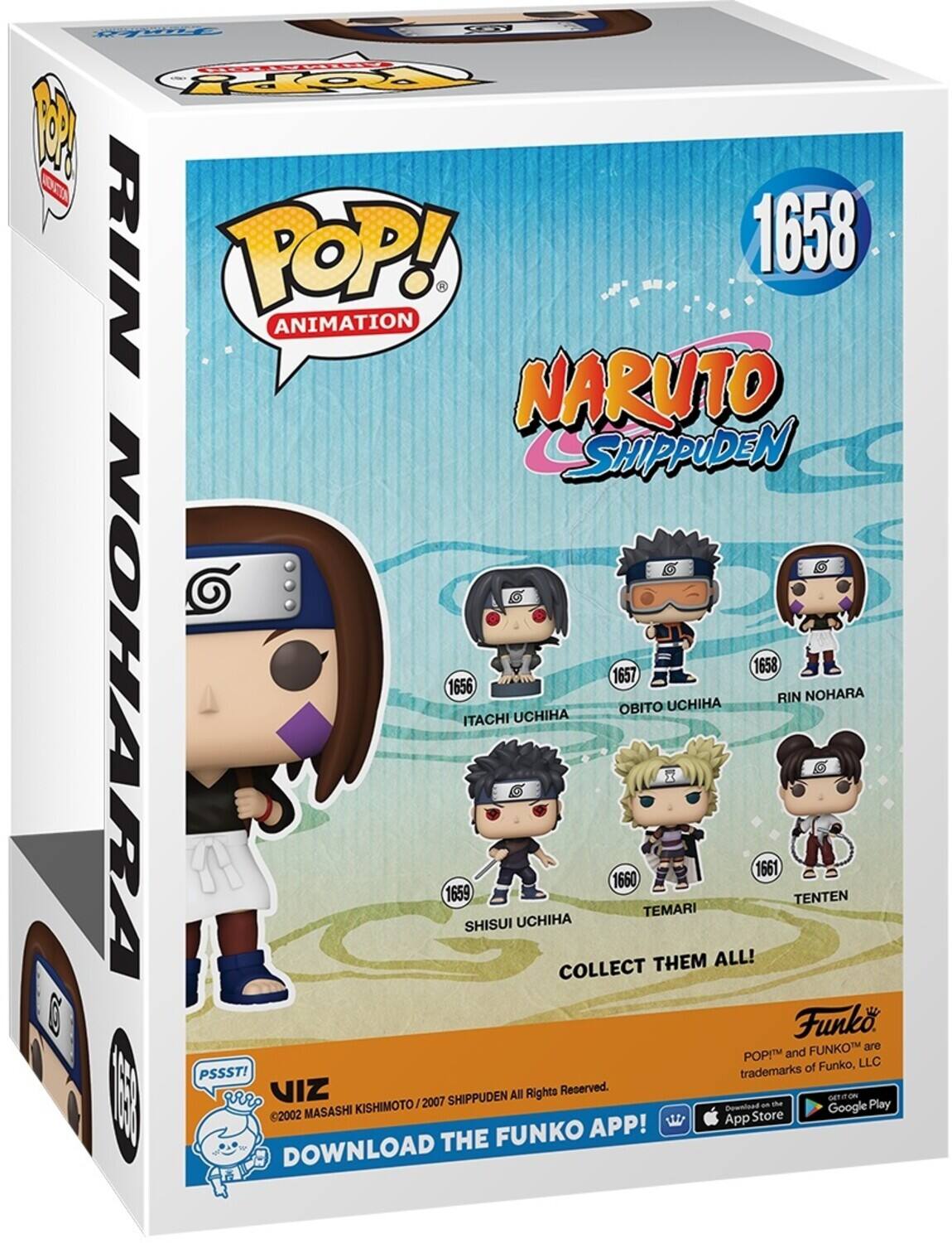 Naruto Shippuden 1658 Animation: 1658, 1657, 1656, 1661, 1660, 1659. Characters: Rin Nohara, Obito Uchiha, Itachi Uchiha, Shisui Uchiha, Temari, Tenten. All are POP! figures by Funko, LLC. PSSST! Trademarks VIZ. All Rights Reserved. Download the Funko App on Google Play Store and App Store. ©2002 Masashi Kishimoto/2007 Shippuden.