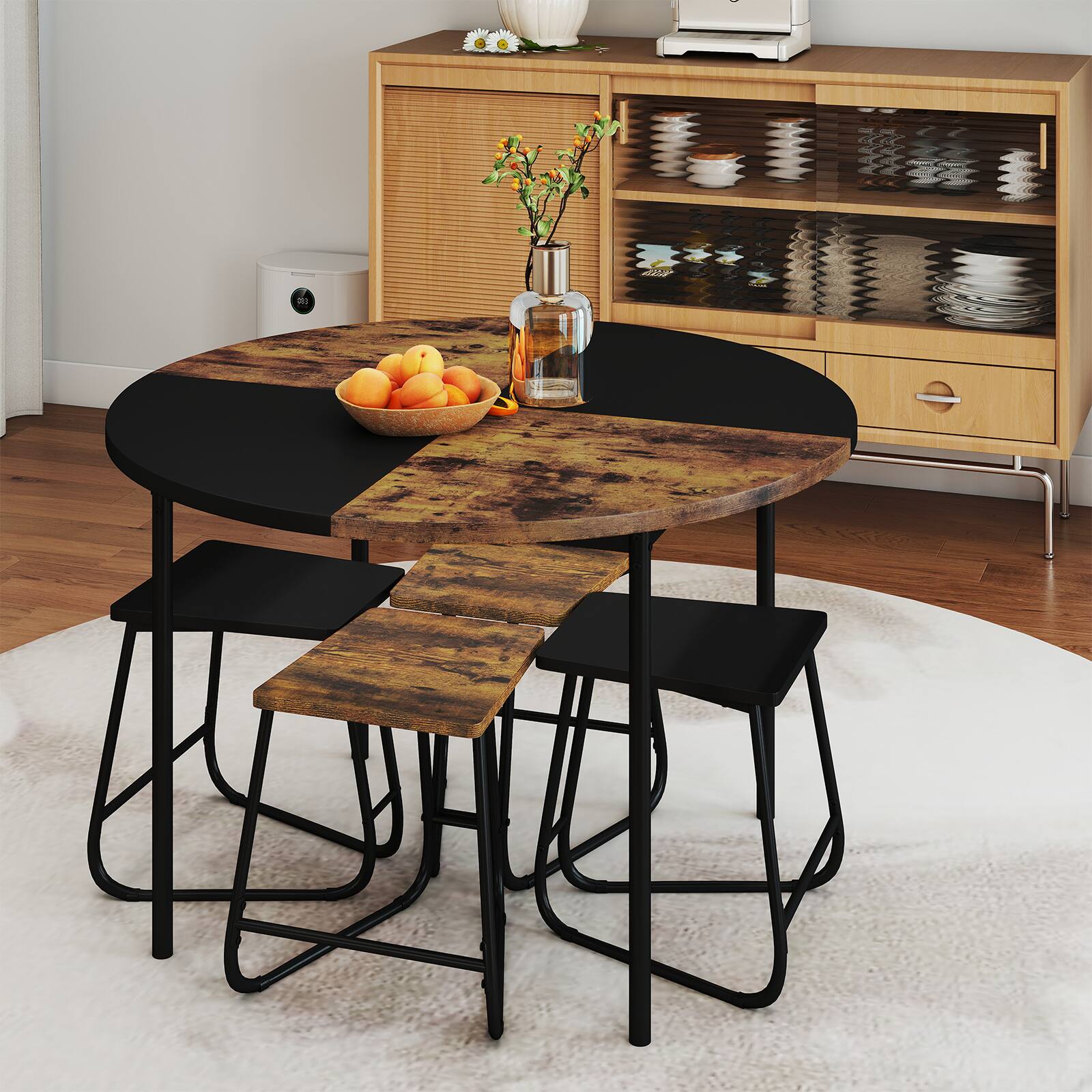 Alt View 3. Gymax - Gymax 5PCS Dining Set for 4 47'' Round  Kitchen Table & 4 Stools w/ Wooden Tabletop - Brown.