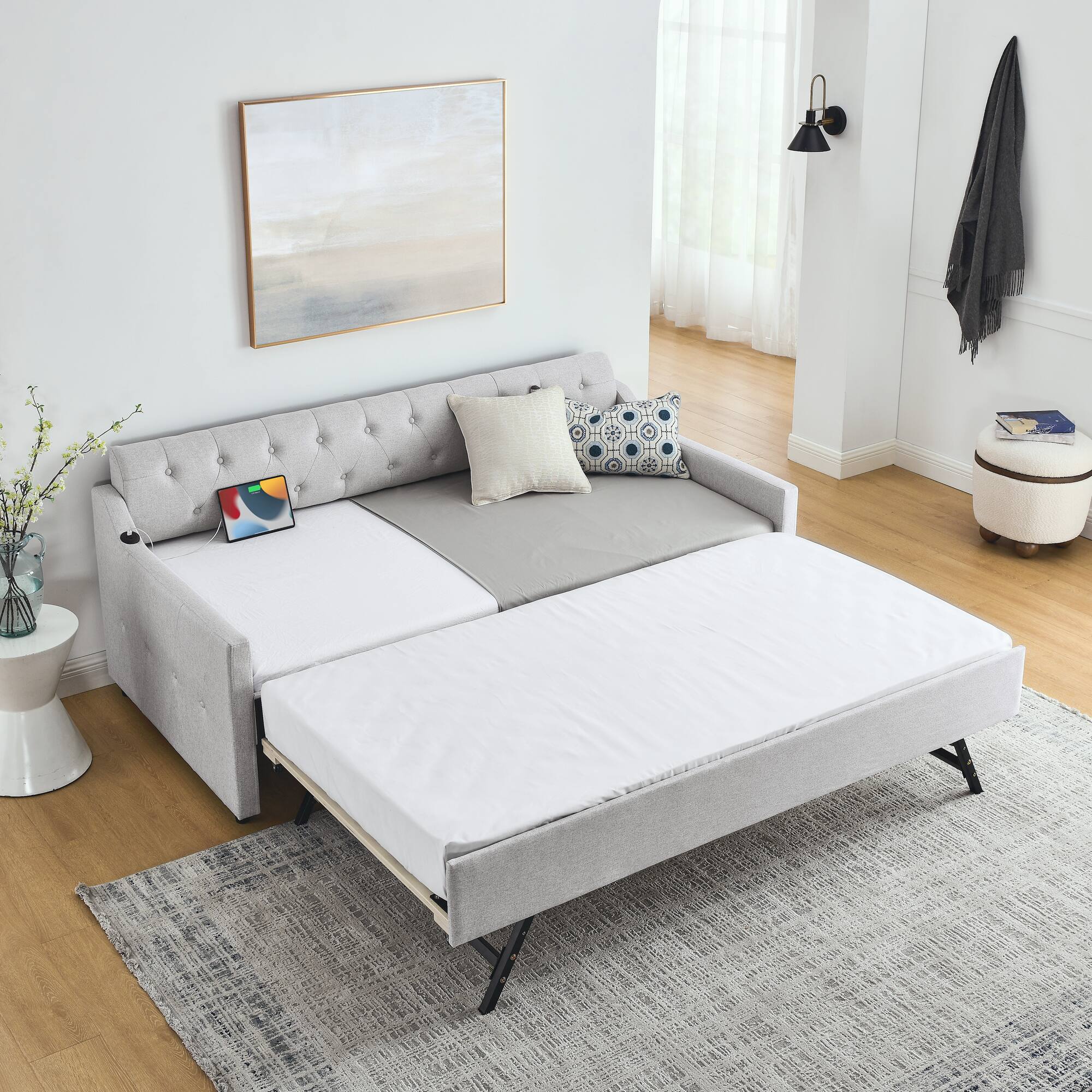 Front. Tiramisubest - Twin Size Upholstery DayBed with Twin Size Erectable Trundle and USB Charging Design, Linen Beige - Beige.