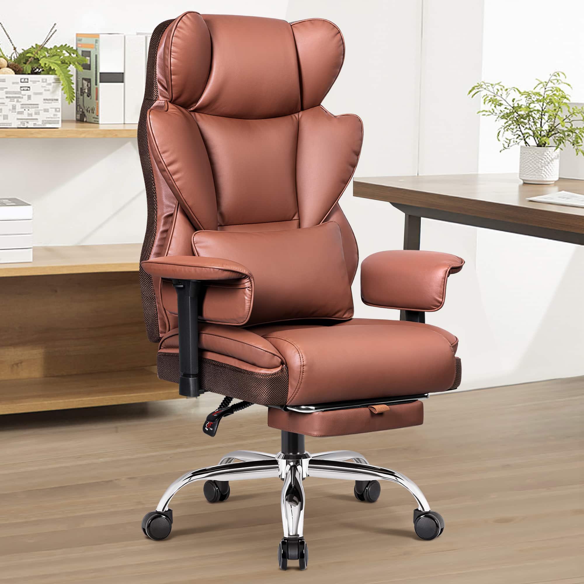 Brick Attic - 500LBS Big & Tall Office Chair, Leather Gaming Chair with Footrest, Adjustable Height & Lumbar Support - Brown