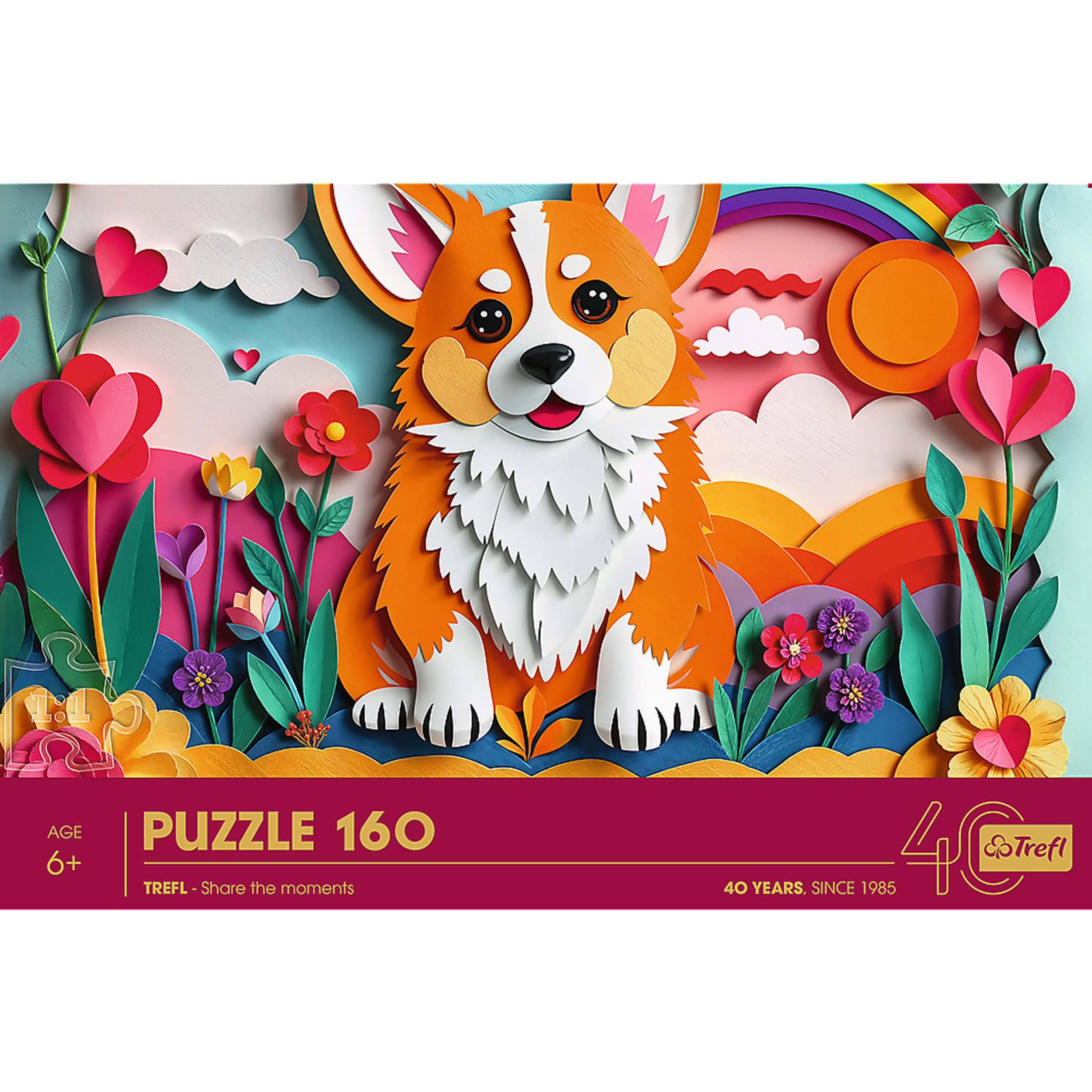 Sure, here is the corrected and grouped text from the image:

---

**AGE**  
6+  

**PUZZLE 160**  

**TREFL - Share the moments**  

**40 YEARS. SINCE 1985**  

**Trefl**  

---