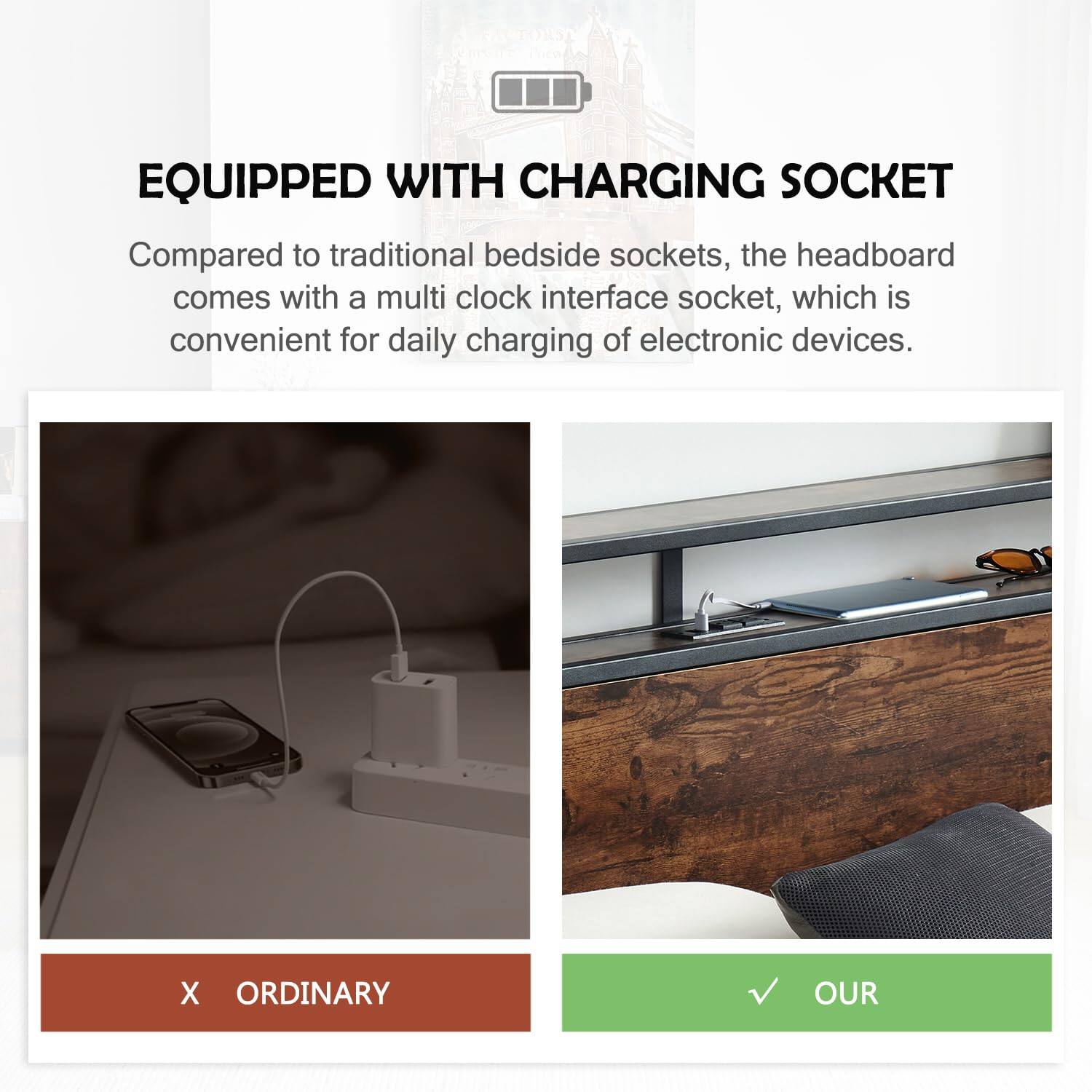 EQUIPPED WITH CHARGING SOCKET

Compared to traditional bedside sockets, the headboard comes with a multi clock interface socket, which is convenient for daily charging of electronic devices.

X ORDINARY

OUR