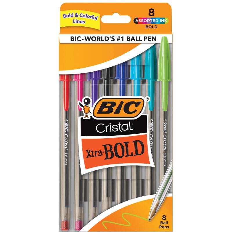 Bold & Colorful Lines  
8 ASSORTED INK  
BIC-WORLD'S #1 BALL PEN  
BIC Cristal  
1.6 mm  
BIC & Cristal: BIC Cristal Xtra BOLD  
8 Ball Pens