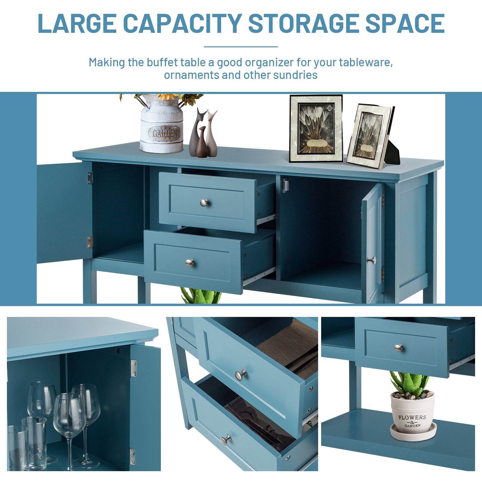 LARGE CAPACITY STORAGE SPACE

Making the buffet table a good organizer for your tableware, ornaments and other sundries