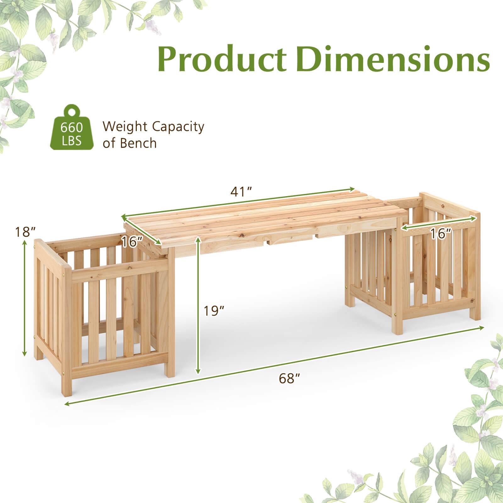 Product Dimensions

Weight Capacity of Bench: 660 LBS

Dimensions:
- Length: 68"
- Width: 41"
- Height: 19"
- Side Rail Height: 18"
- Side Rail Width: 16"
- End Rail Width: 16"