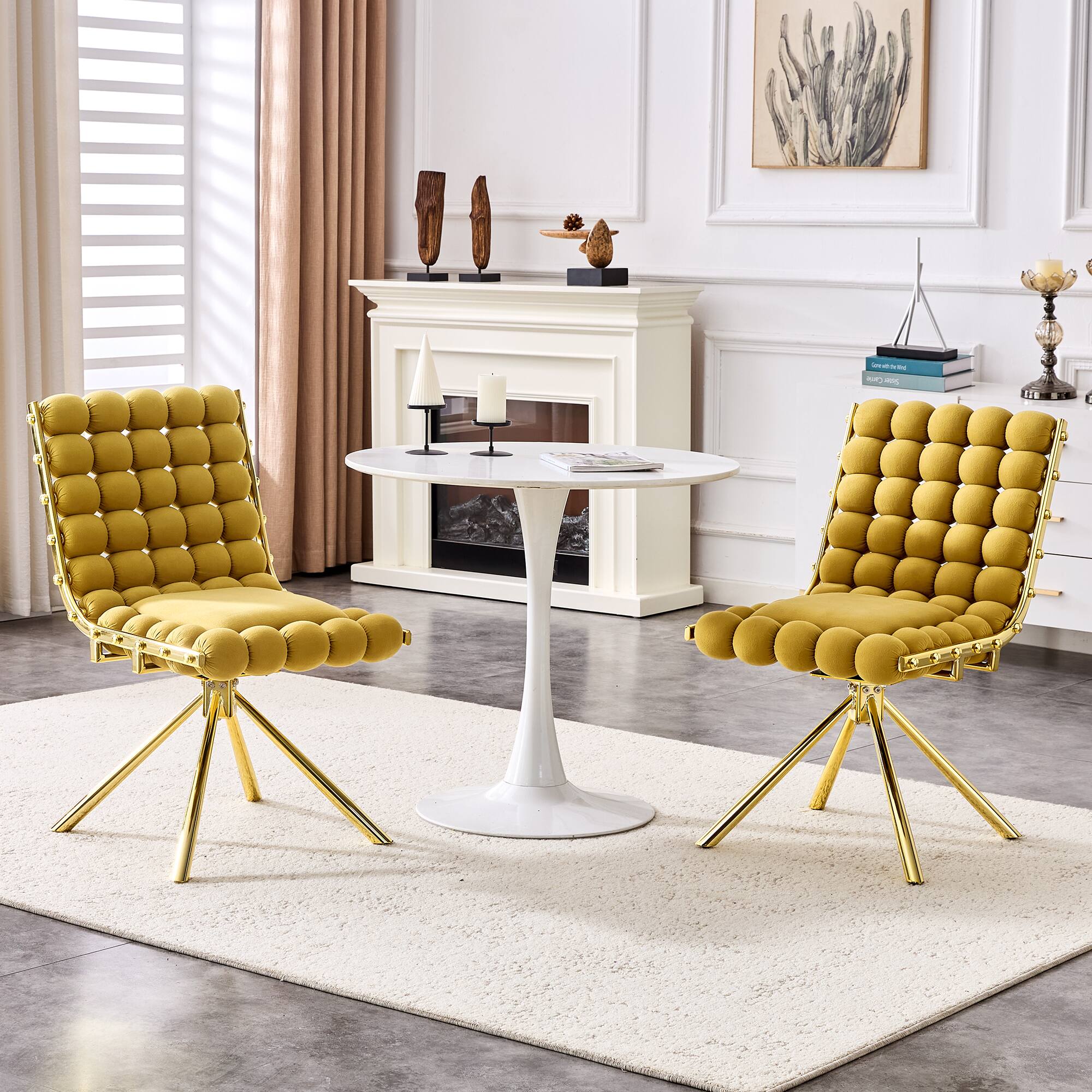 Angle. Loheer - Loheer Yellow Dining Chairs Set of 2, Velvet Bubble Tufted Accent Chairs with Gold Legs, 1.63 ft, Dining Room Kitchen - Gold,Yellow.