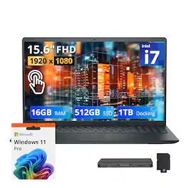 Dell - Upgraded - 15.6" FHD Touchscreen Laptop, Intel Core i7 1355U, 16GB DDR5, 512GB SSD+1TB Docking Set, Wi-Fi 6, Win 11 Pro - Black