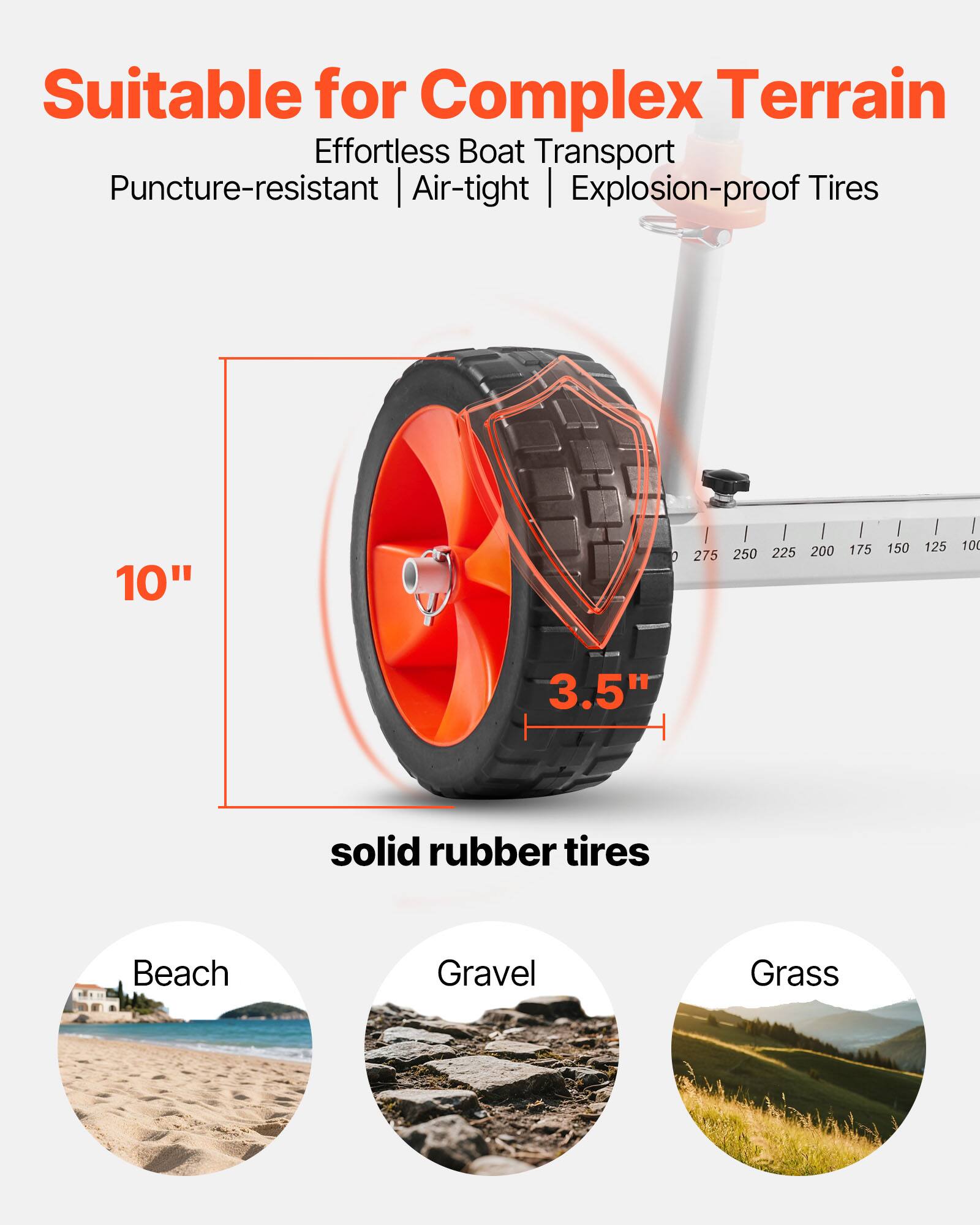 Suitable for Complex Terrain  
Effortless Boat Transport  
Puncture-resistant | Air-tight | Explosion-proof Tires  

10"  
3.5" solid rubber tires  

Beach  
Gravel  
Grass