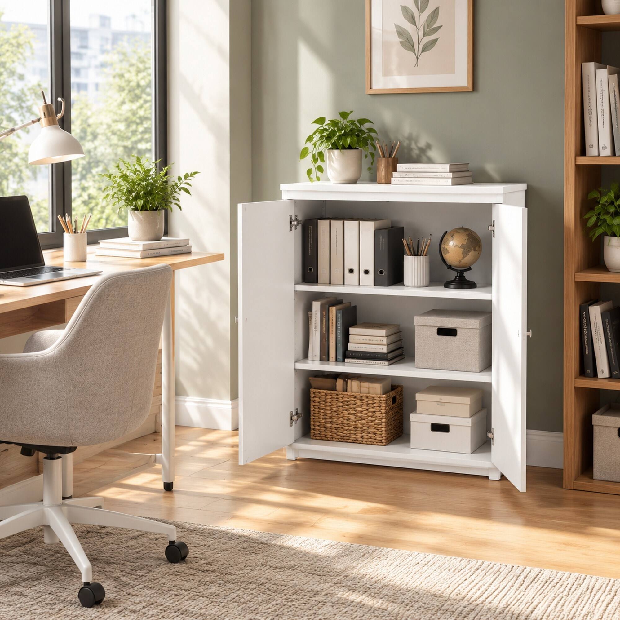 Left. RYHNUYNE - Freestanding Kitchen Storage Cabinet with Double Doors and Adjustable Shelves, Coffee Bar Sideboard, White - White.