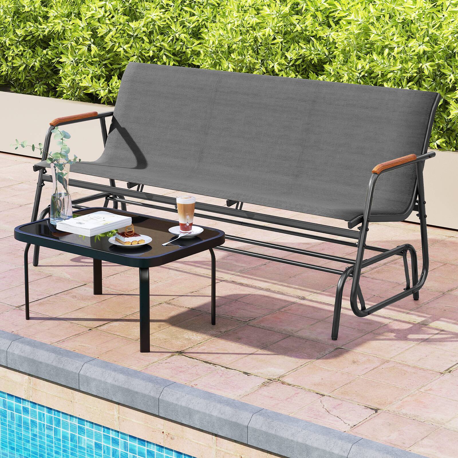 Alt View 3. Costway - Costway Patio Glider Bench for 3, Swing Gliding Long Seat with Curved Teak Armrests - Gray.