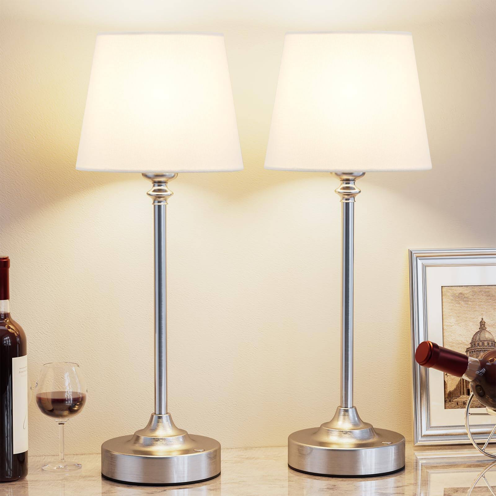 Front. Dazzling Pops - Cordless Table Lamp Rechargeable Pack Brass Operated For Decor Stepless Dimming Touch Control Wireless - White - Silver 2 Pack - 15.8in.